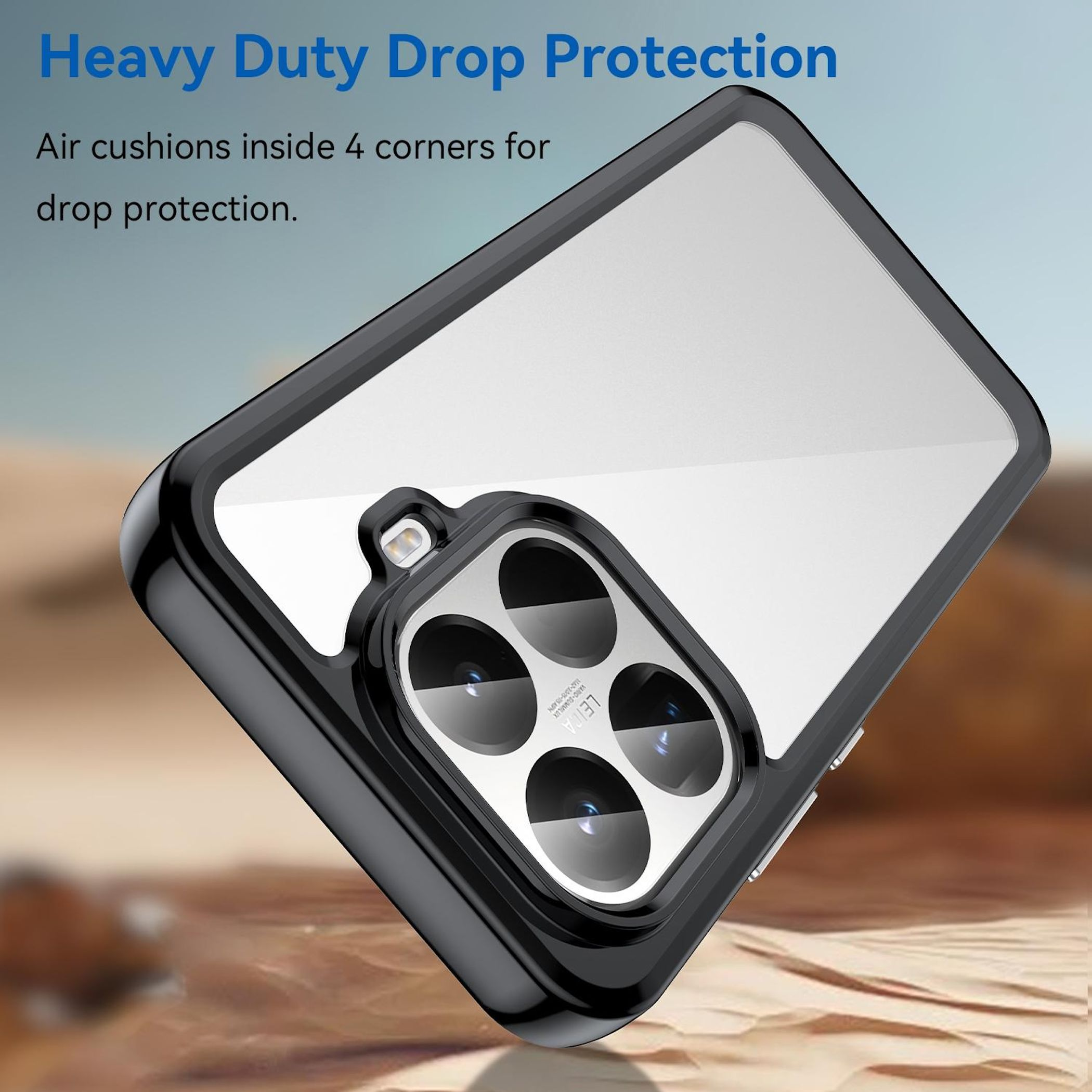 Schwarze Handyhülle mit klarem Mittelteil, der Kameralinsen zeigt. Text: Heavy Duty Drop Protection, Luftkissen.