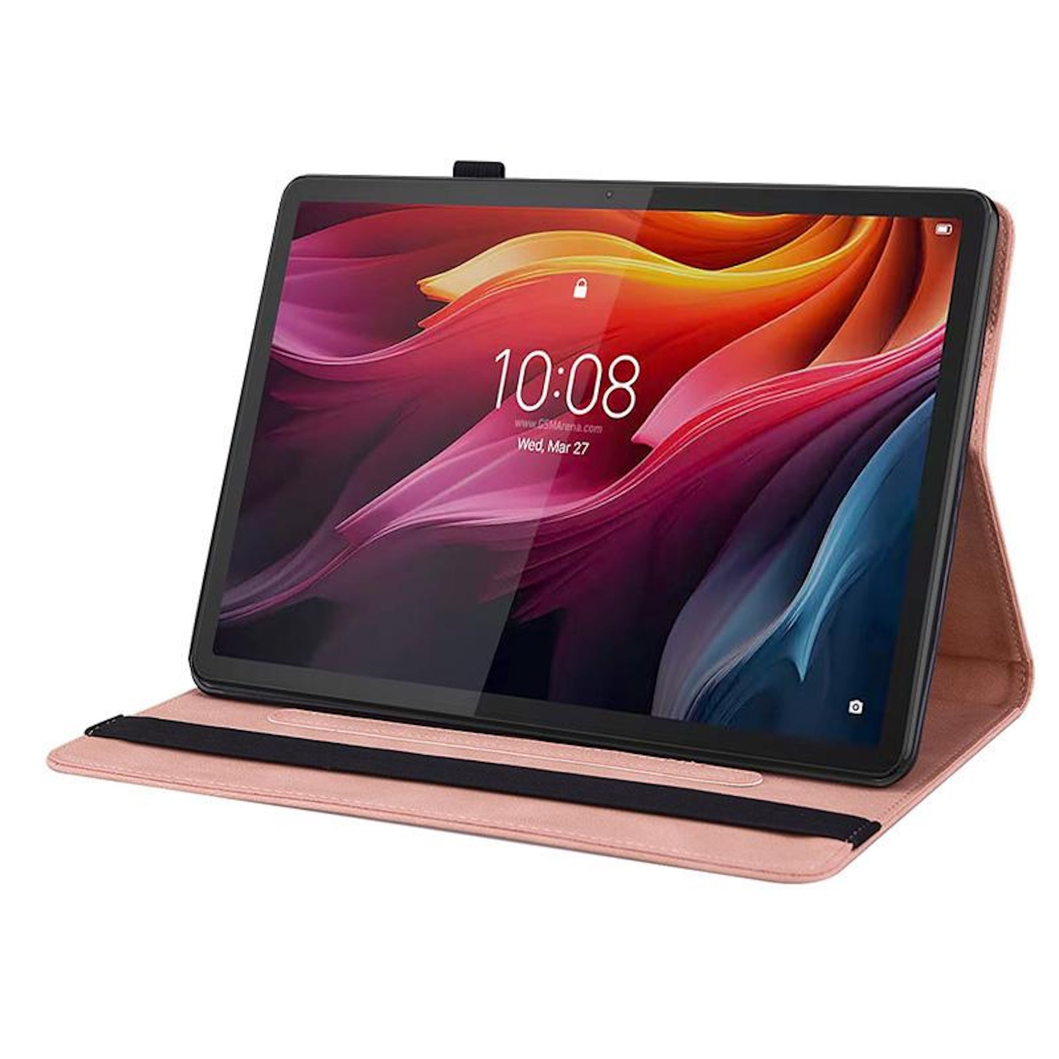 Tableta mostrando hora y fecha, en una funda rosa. Pantalla muestra arte abstracto colorido.