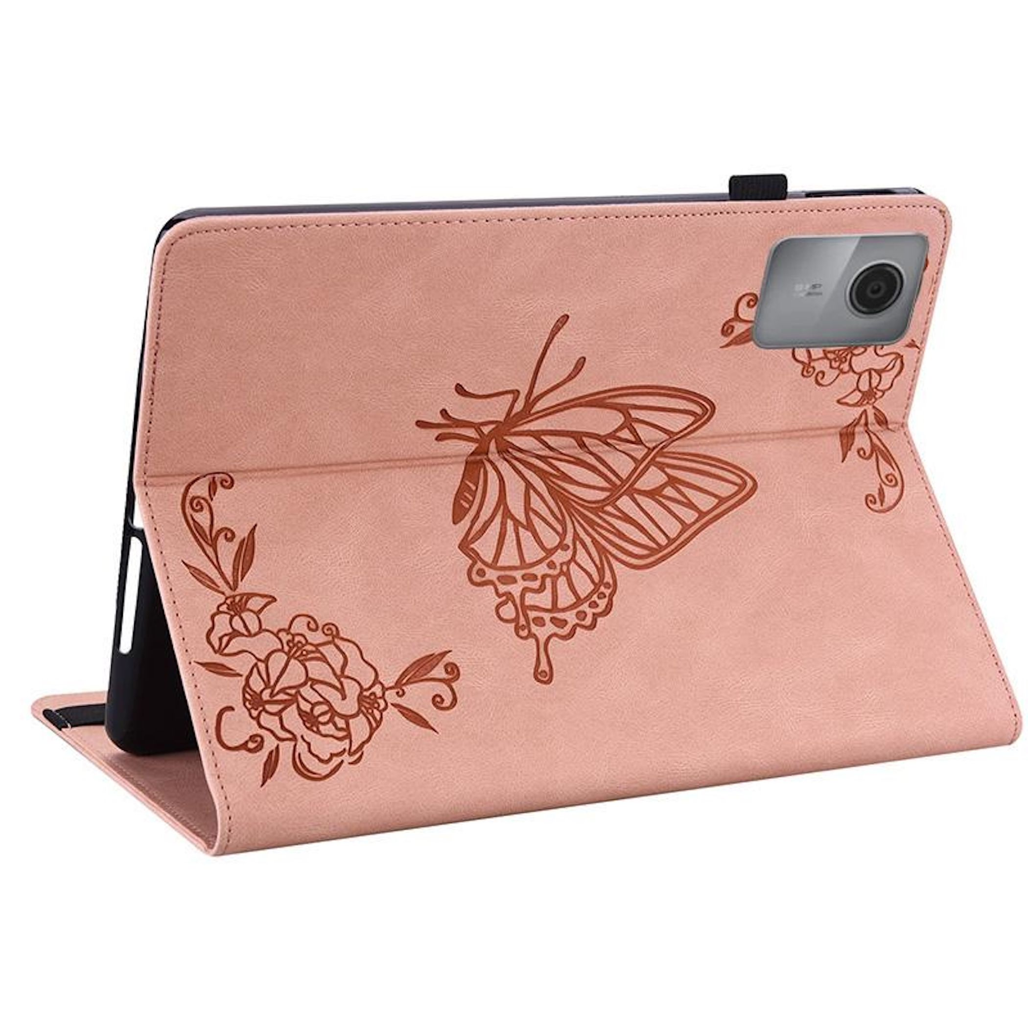 Funda rosa para tablet con diseños de mariposas y flores. Cuenta con un recorte para la cámara y un soporte. Lomo negro a la izquierda.