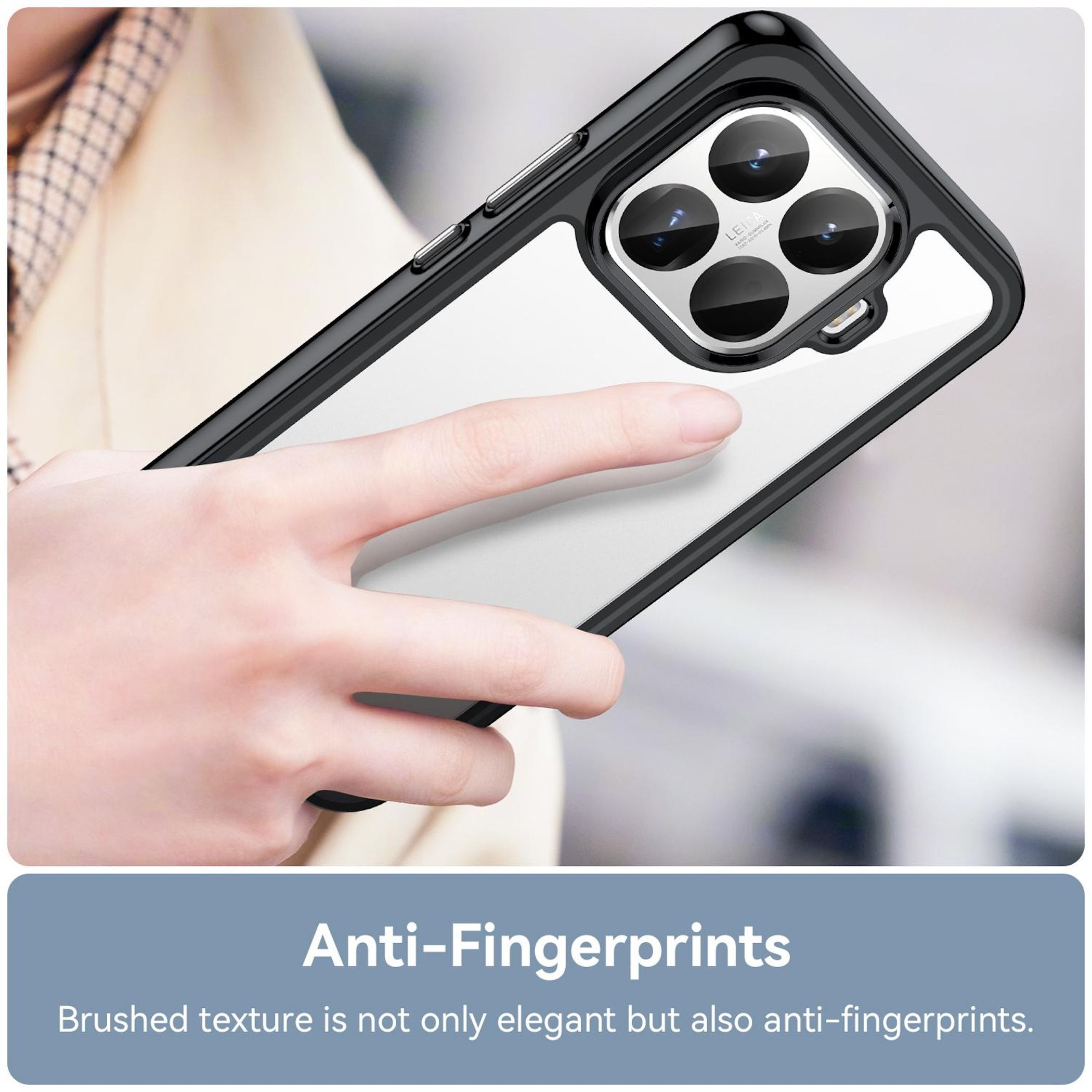 Eine Hand hält ein Telefon mit einer Schutzhülle. Die Hülle hat eine klare Rückseite und einen schwarzen Rahmen. Text auf einem Banner: Anti-Fingerprints.
