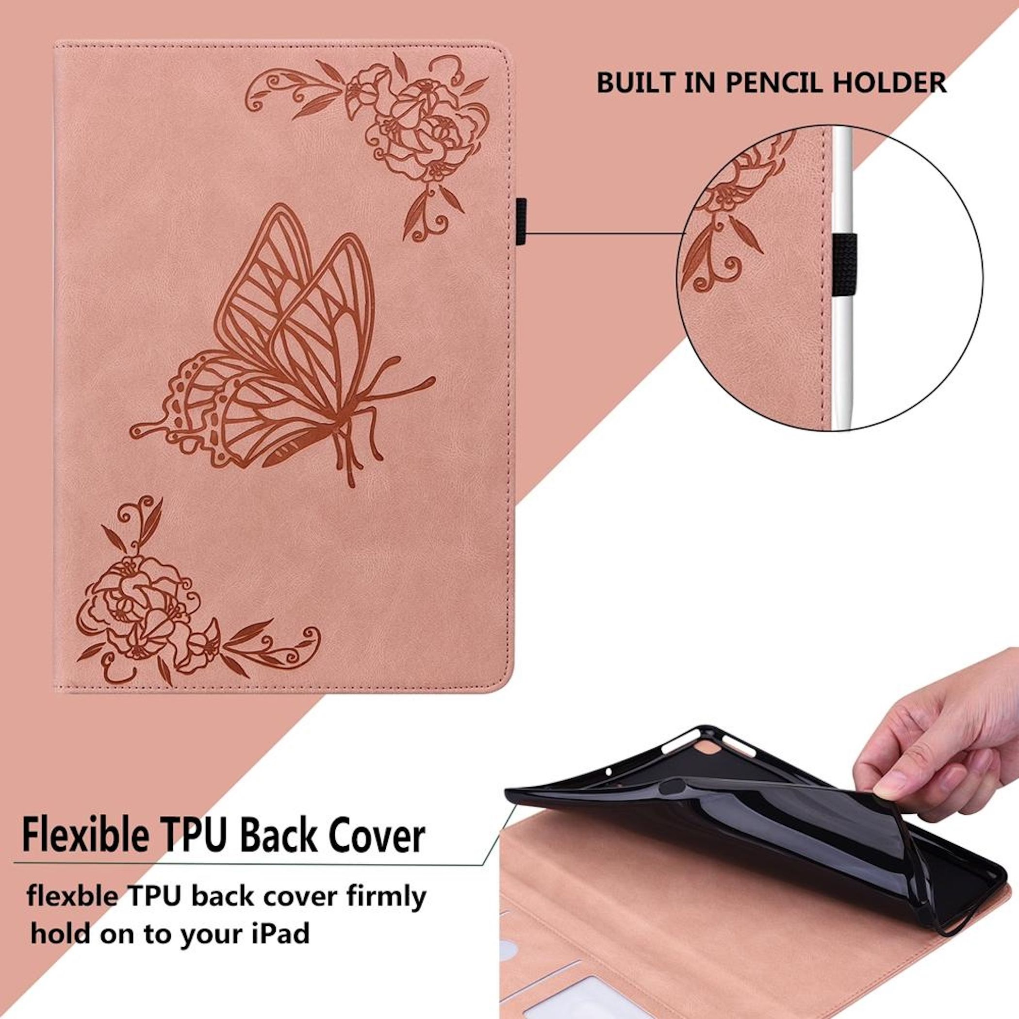 Funda rosa para iPad con diseños de mariposas y flores. Una mano inserta el iPad en la cubierta trasera de TPU negra flexible.