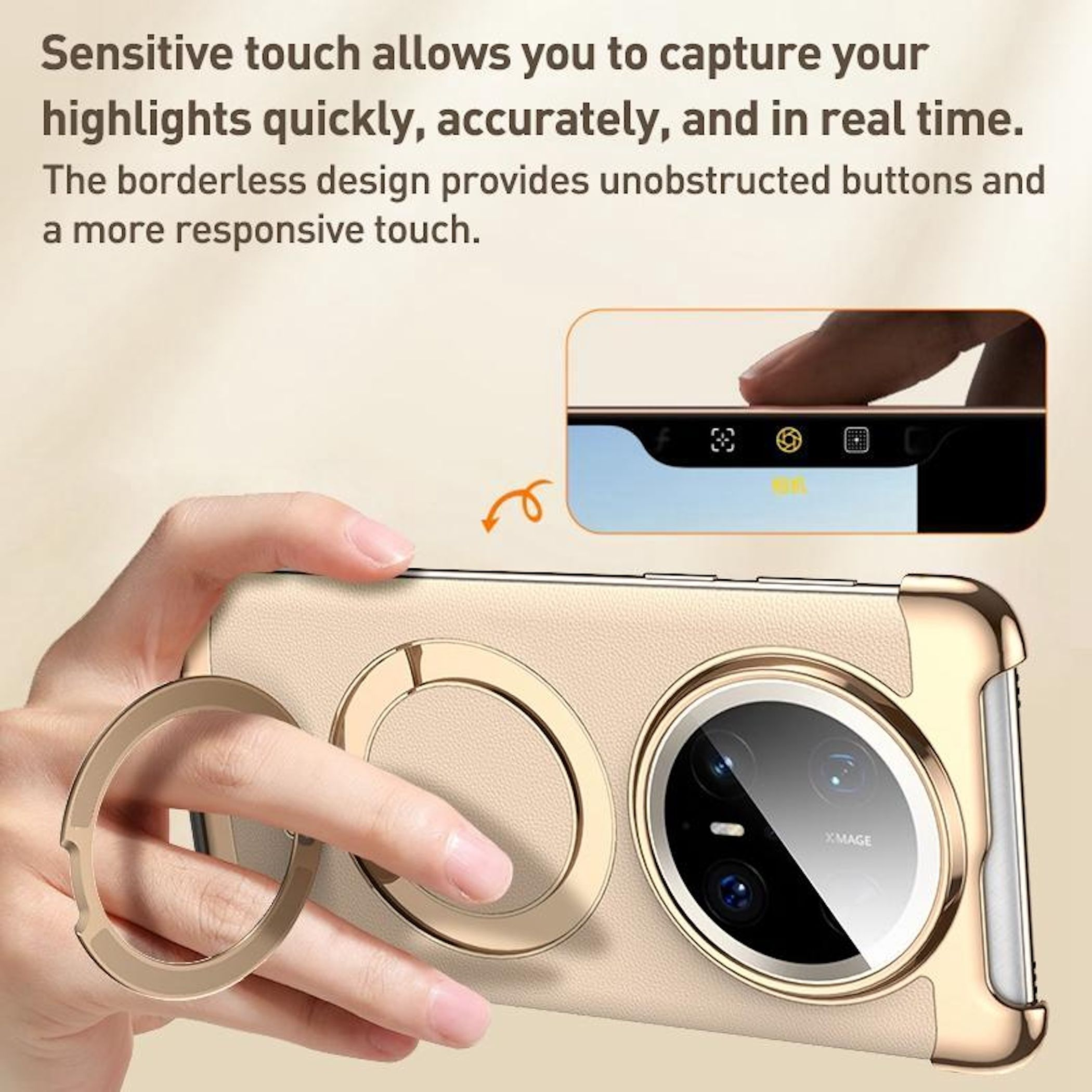 Hand hält eine Handyhülle mit Ringhalter. Ein Finger berührt den Telefonbildschirm. Die Hülle ist beige und gold.