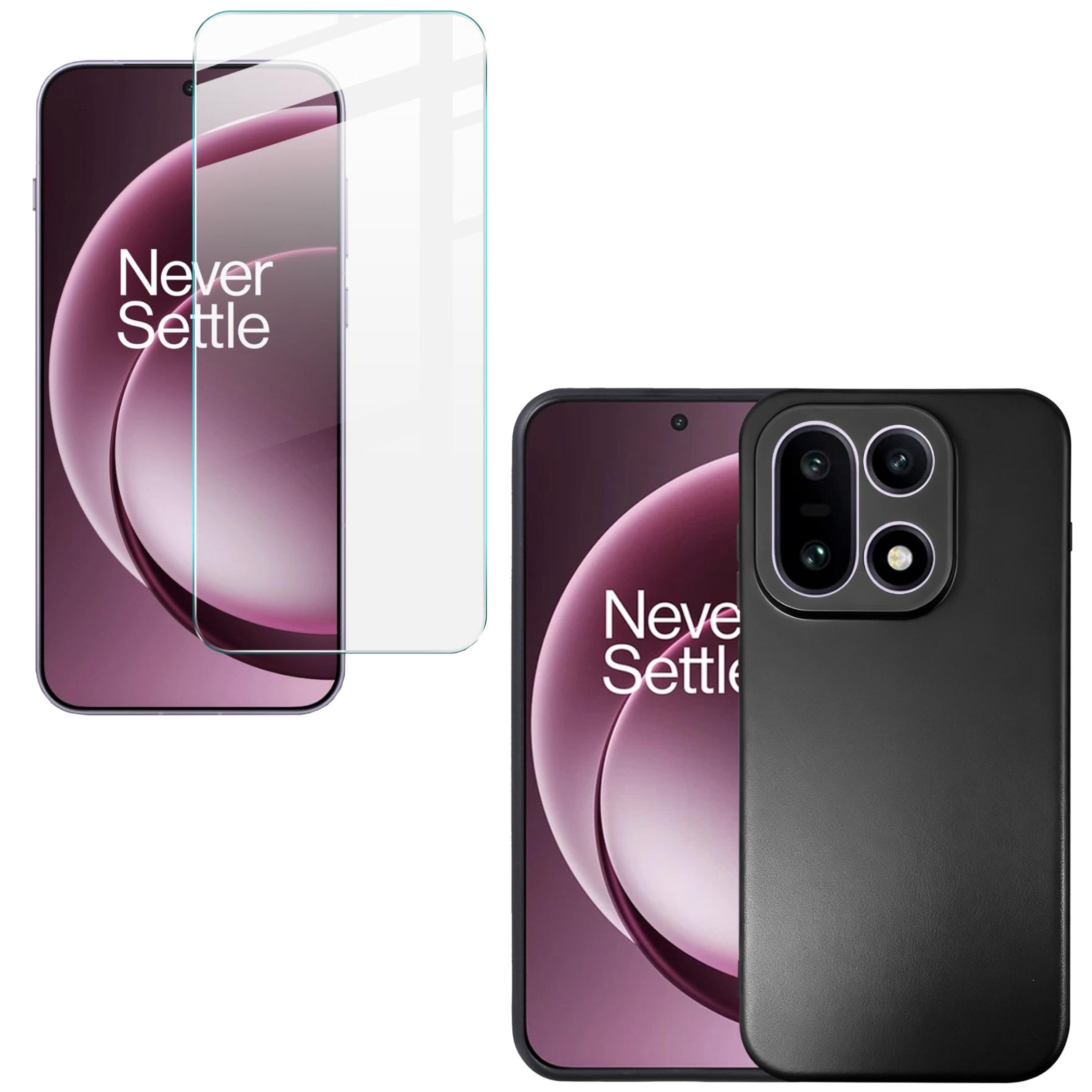 Zwei Telefone, eines mit Displayschutz. Eines hat eine schwarze Hülle, beide zeigen 'Never Settle'.