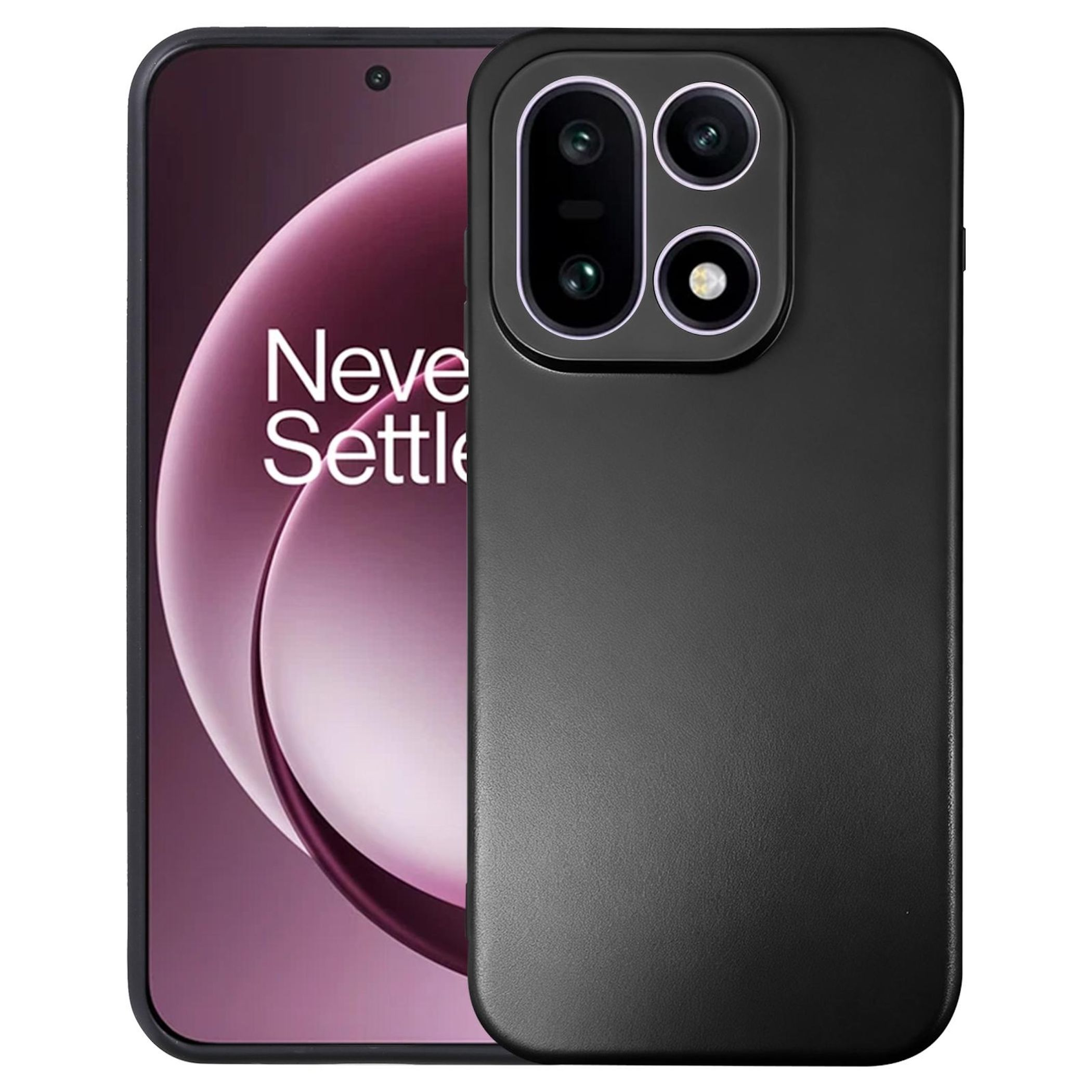 Schwarze Handyhülle mit Kameralinsen, bedeckt ein Handy mit lila Hintergrund und weißem Text, der 'Never Settle' sagt.