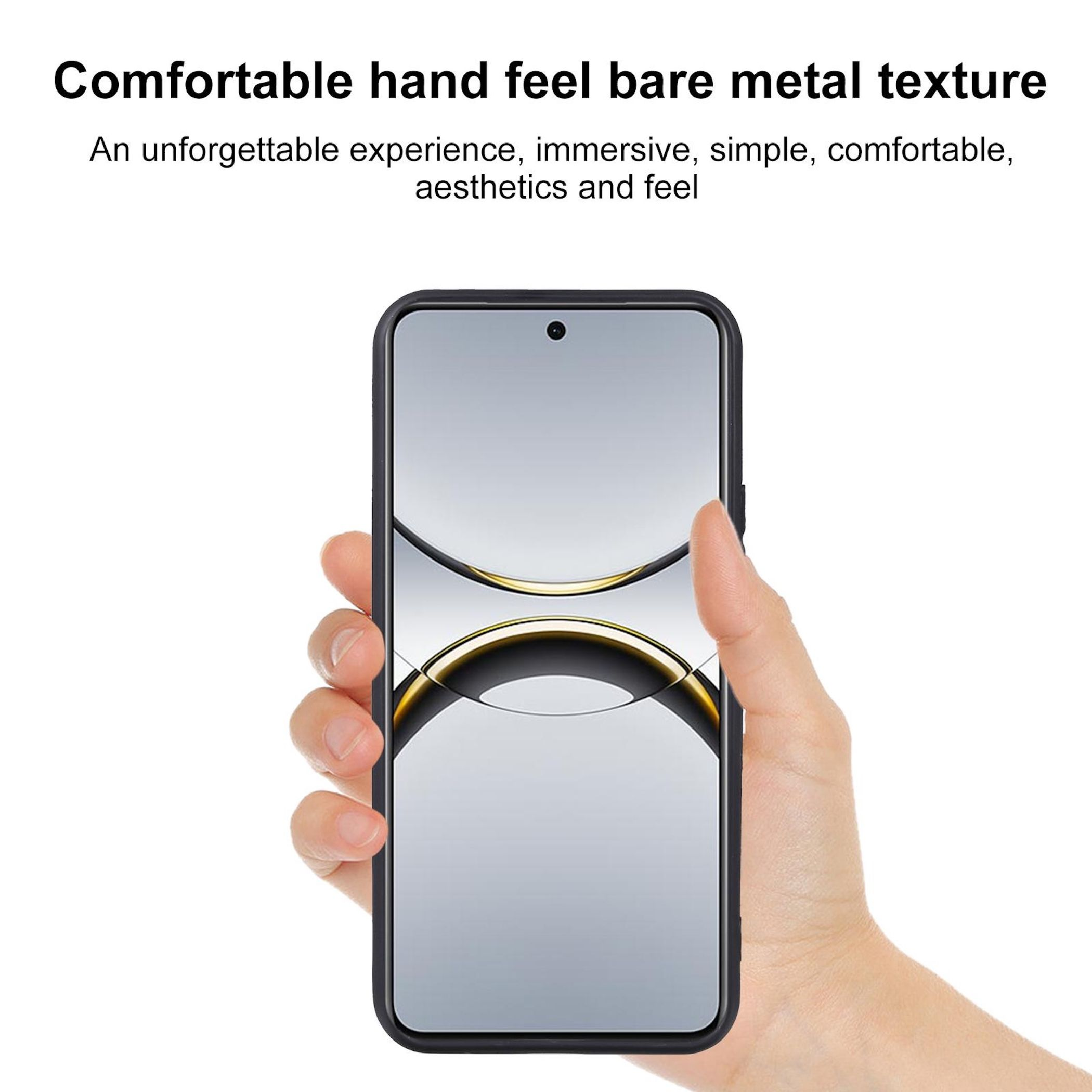 Eine Hand, die ein Telefon mit schwarzem Gehäuse hält. Der Bildschirm zeigt ein metallisches Design.