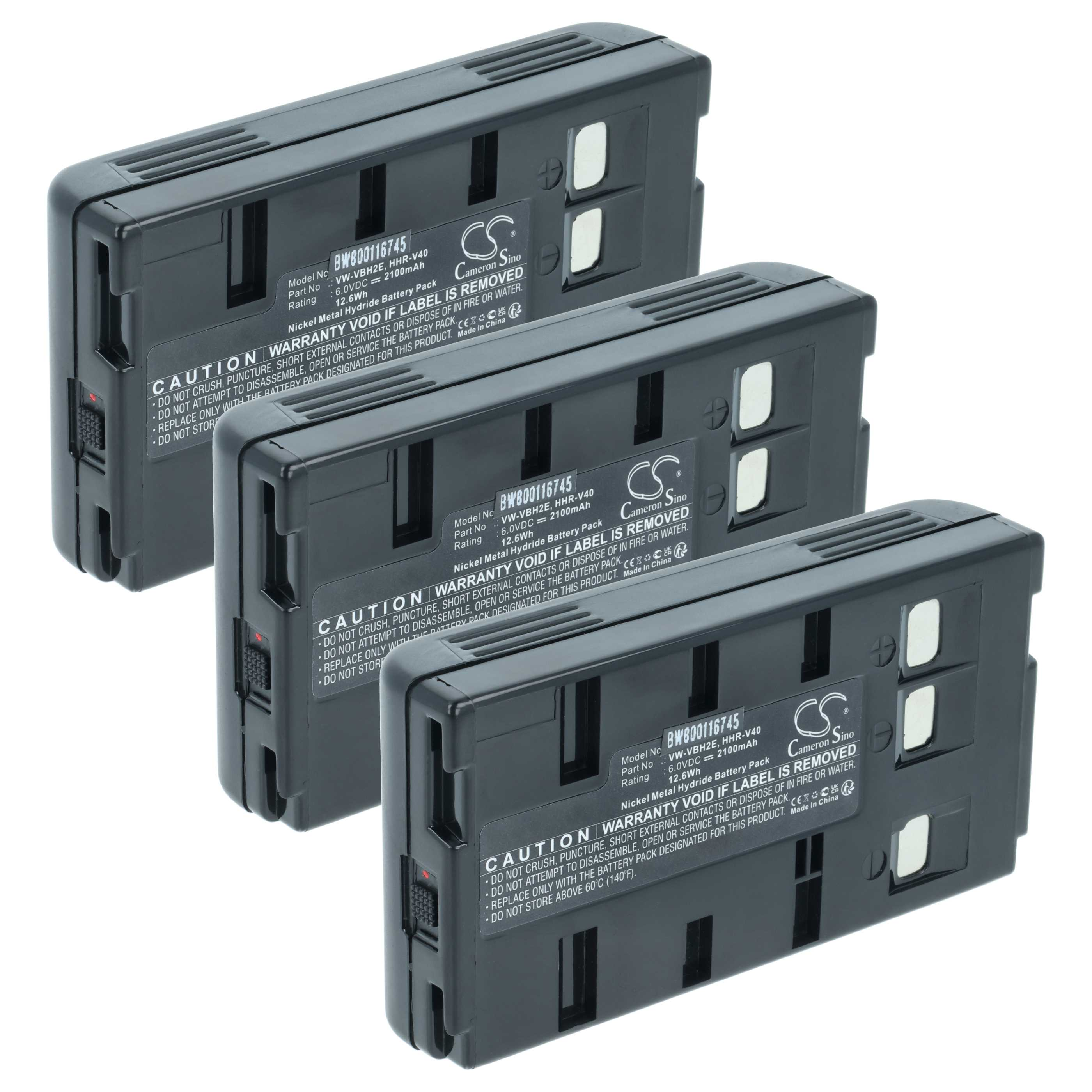 Drei schwarze, rechteckige Batterien sind diagonal angeordnet. Jede hat ein Etikett mit Text und Warnhinweisen.