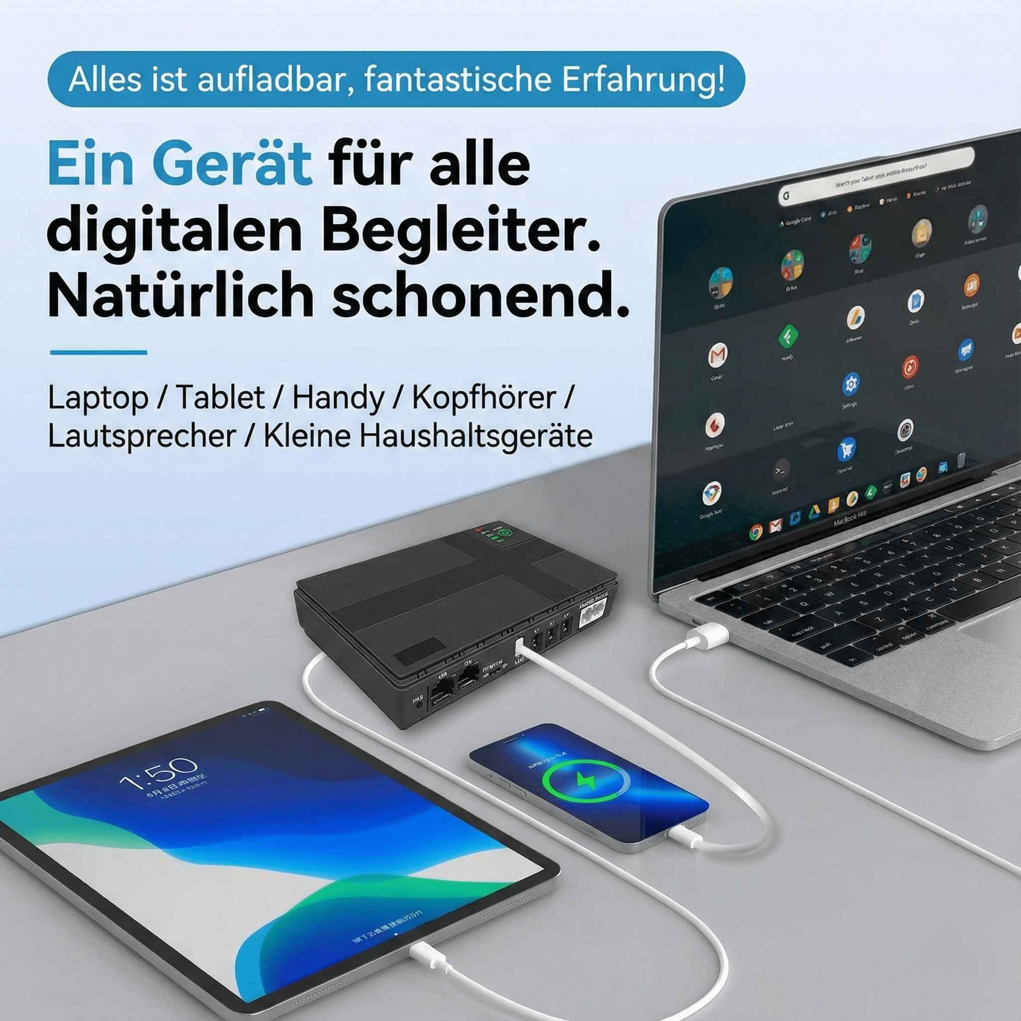 Ein Laptop, Tablet und Telefon werden über ein schwarzes Gerät aufgeladen. Text sagt: 'Ein Gerät für alle digitalen Begleiter.'