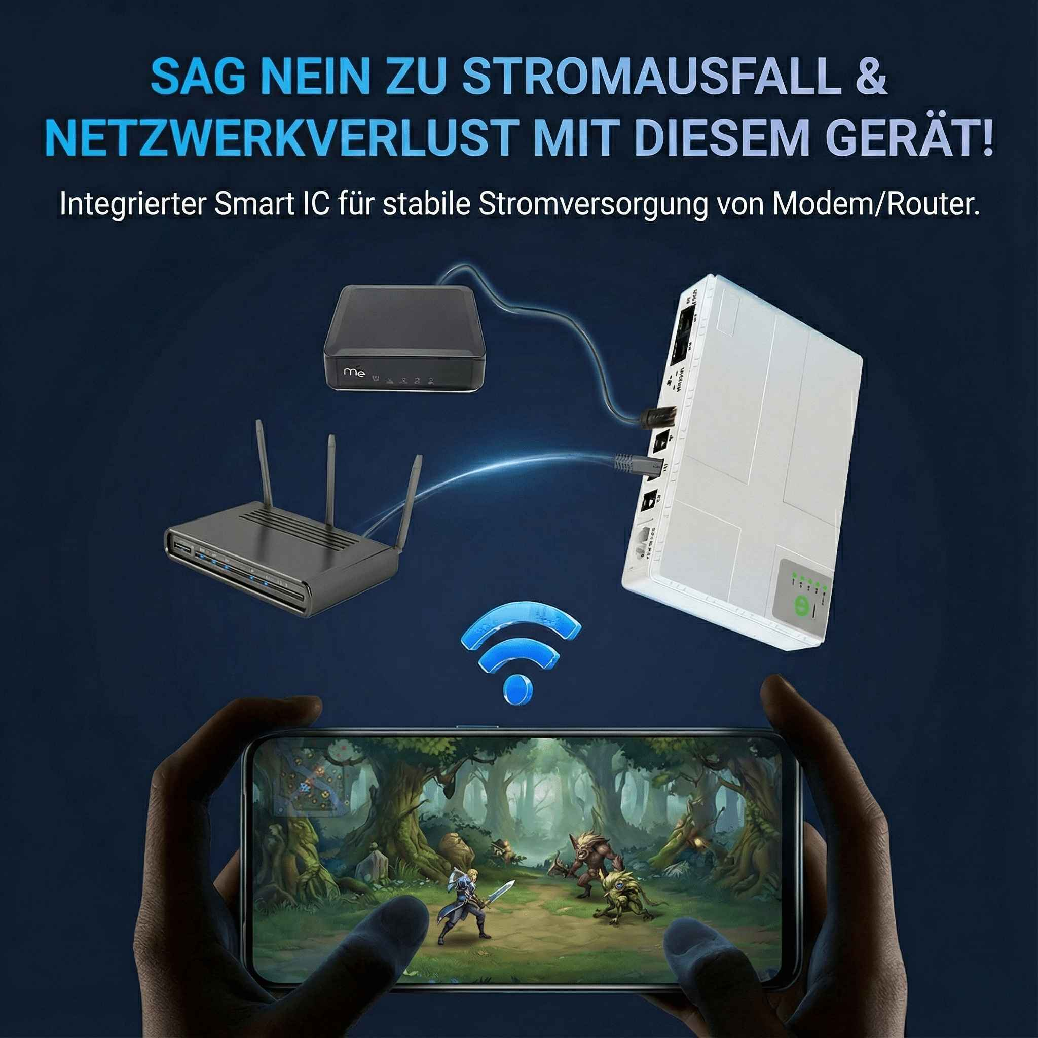 Das Bild zeigt ein Modem/Router-Setup mit einem Telefon, das ein Spiel anzeigt, und einen Text auf Deutsch.