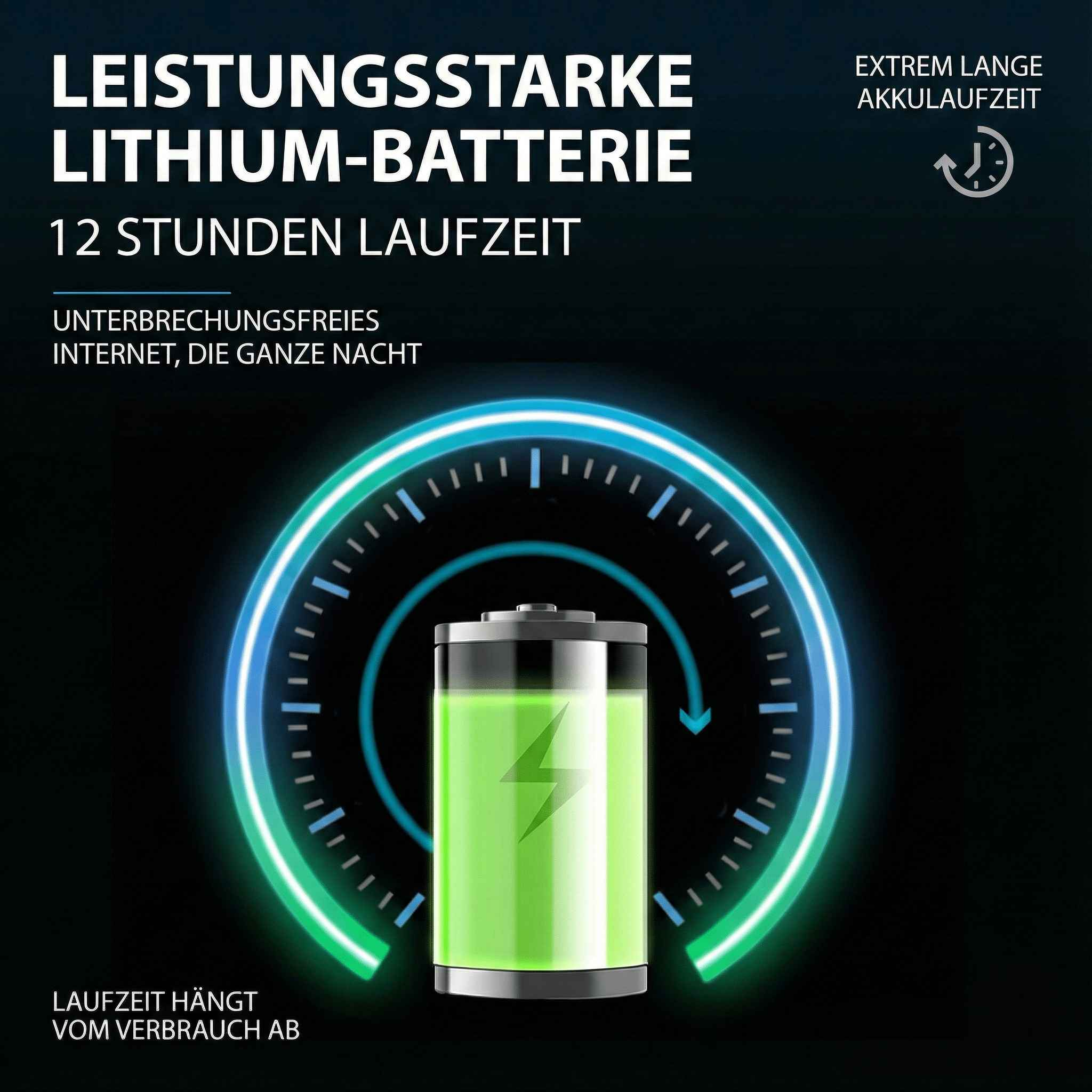 Das Bild zeigt ein Batteriesymbol in einem uhrähnlichen Design, das eine lange Akkulaufzeit anzeigt. Text hebt Lithium-Batterie und 12 Stunden Laufzeit hervor.