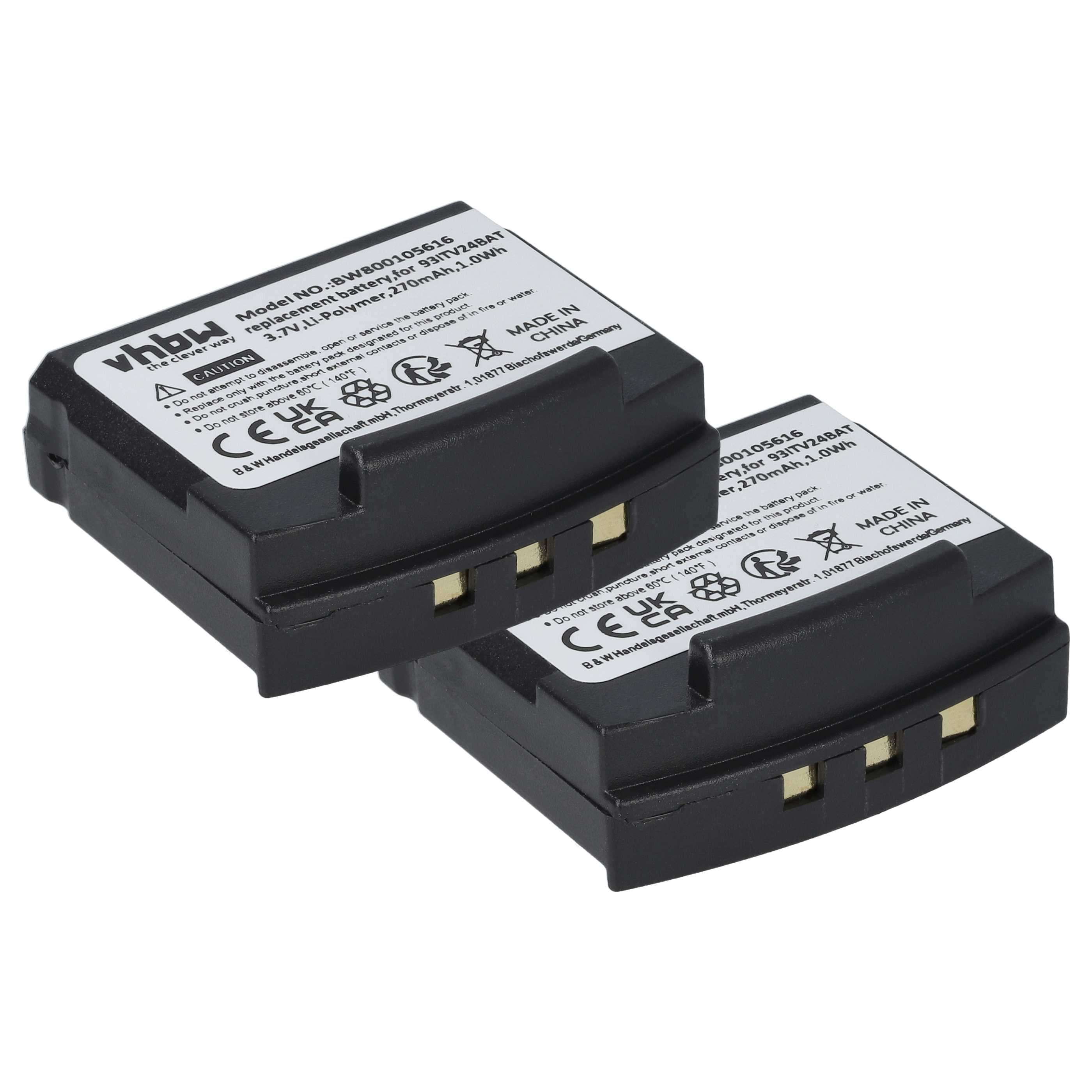 Zwei schwarze rechteckige Batterien mit weißen Etiketten überlappen sich leicht auf weißem Hintergrund.