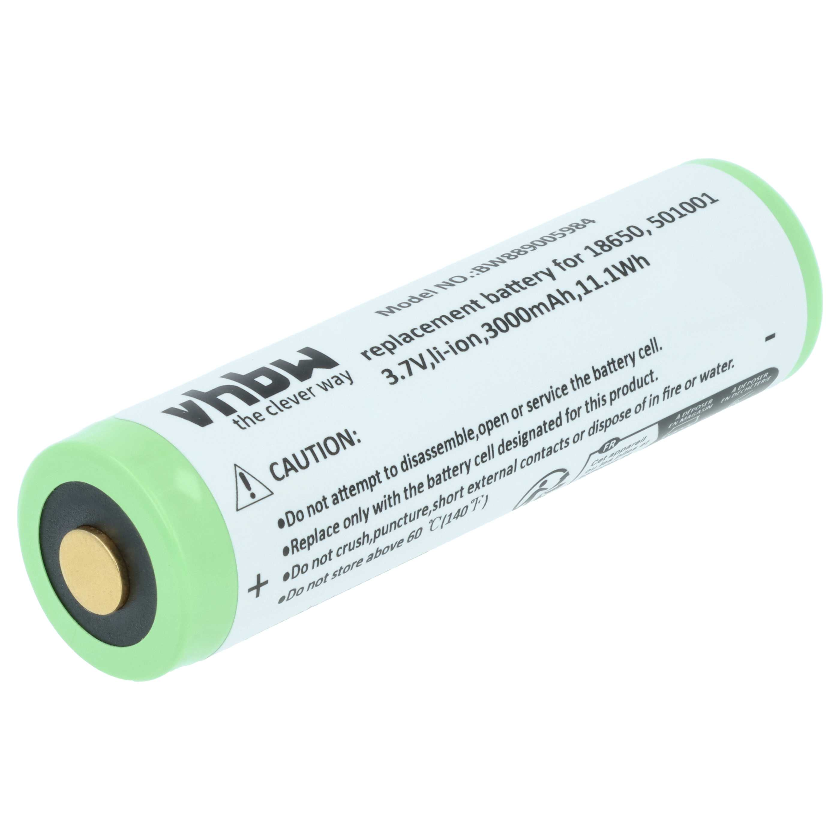 Eine zylindrische grüne und weiße Batterie. Es hat Text, der 'Ersatzbatterie' und andere Warnungen sagt.
