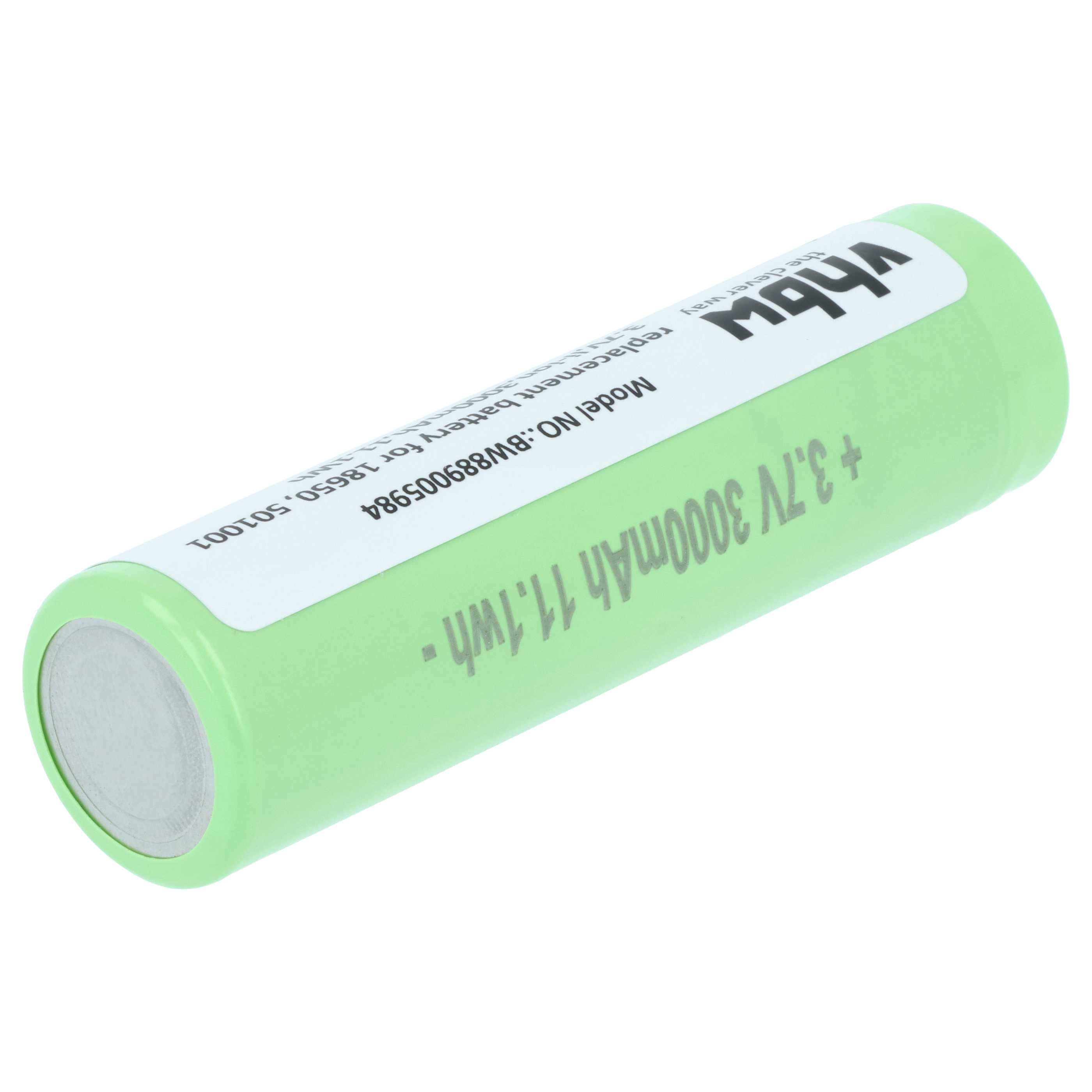Eine grüne zylindrische Batterie mit weißem Etikett und Text. Es steht vhbw, 3,7 V, 3000 mAh und 11,1 Wh.
