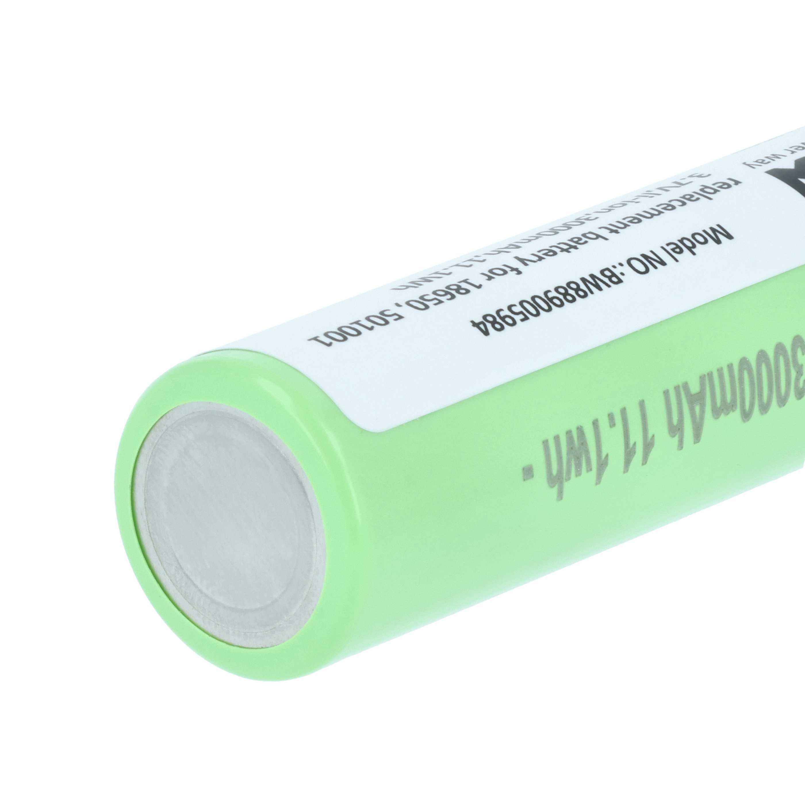 Eine grüne zylindrische Batterie mit weißem Etikett. Auf dem Etikett steht '3000mAh 11.1Wh' und 'Model NO.:BW889005984'.