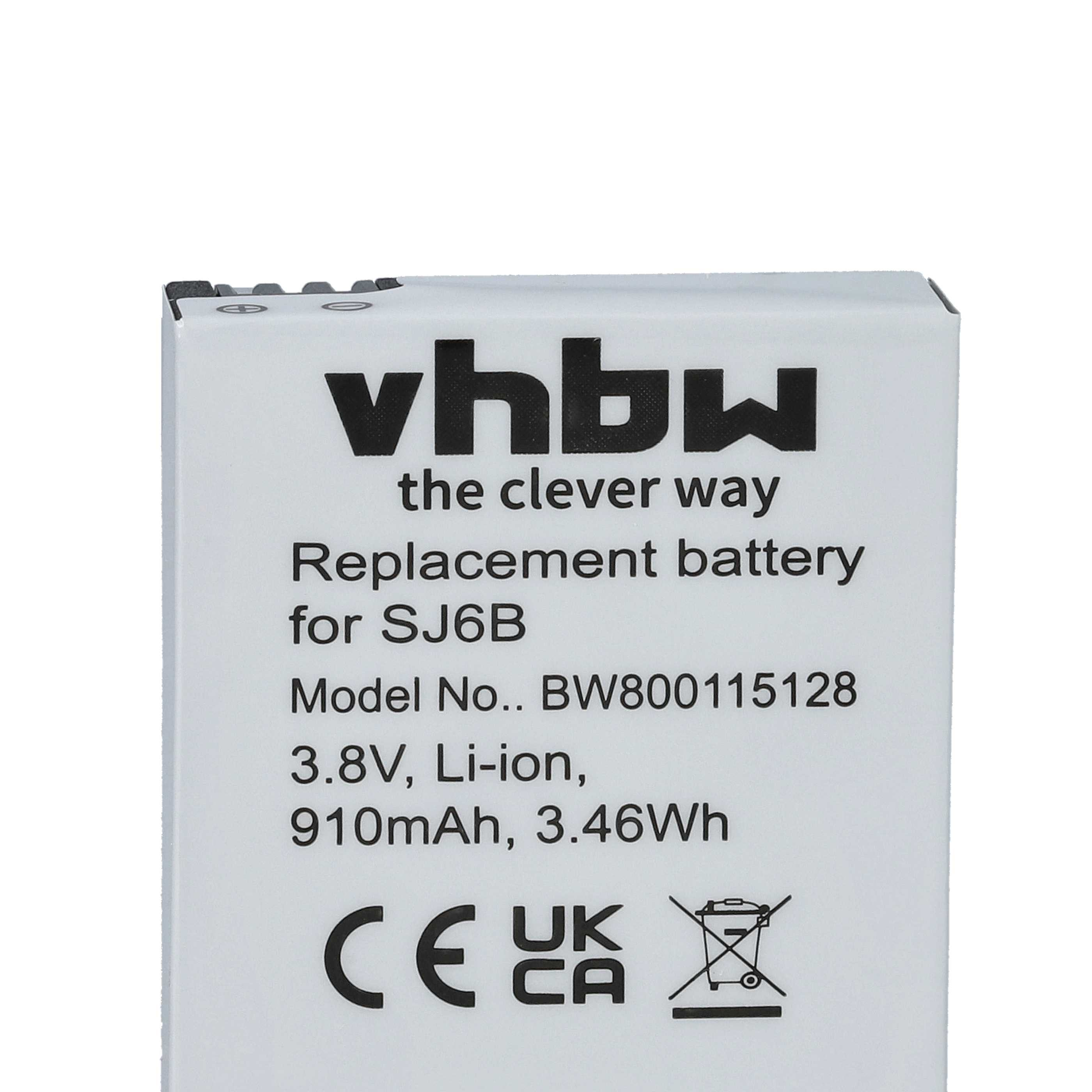 Eine weiße Box mit schwarzem Text. Sie sagt 'vhbw' und 'Ersatzbatterie für SJ6B'. Enthält Spezifikationen und Sicherheitssymbole.