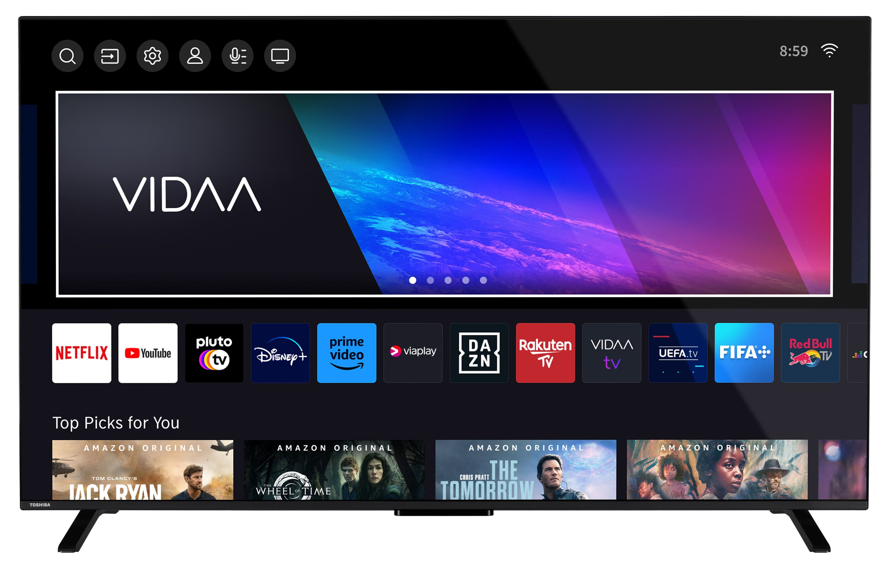 Un televisore Toshiba che mostra VIDAA. Sono visibili app come Netflix e YouTube. Lo schermo mostra gli originali Amazon.