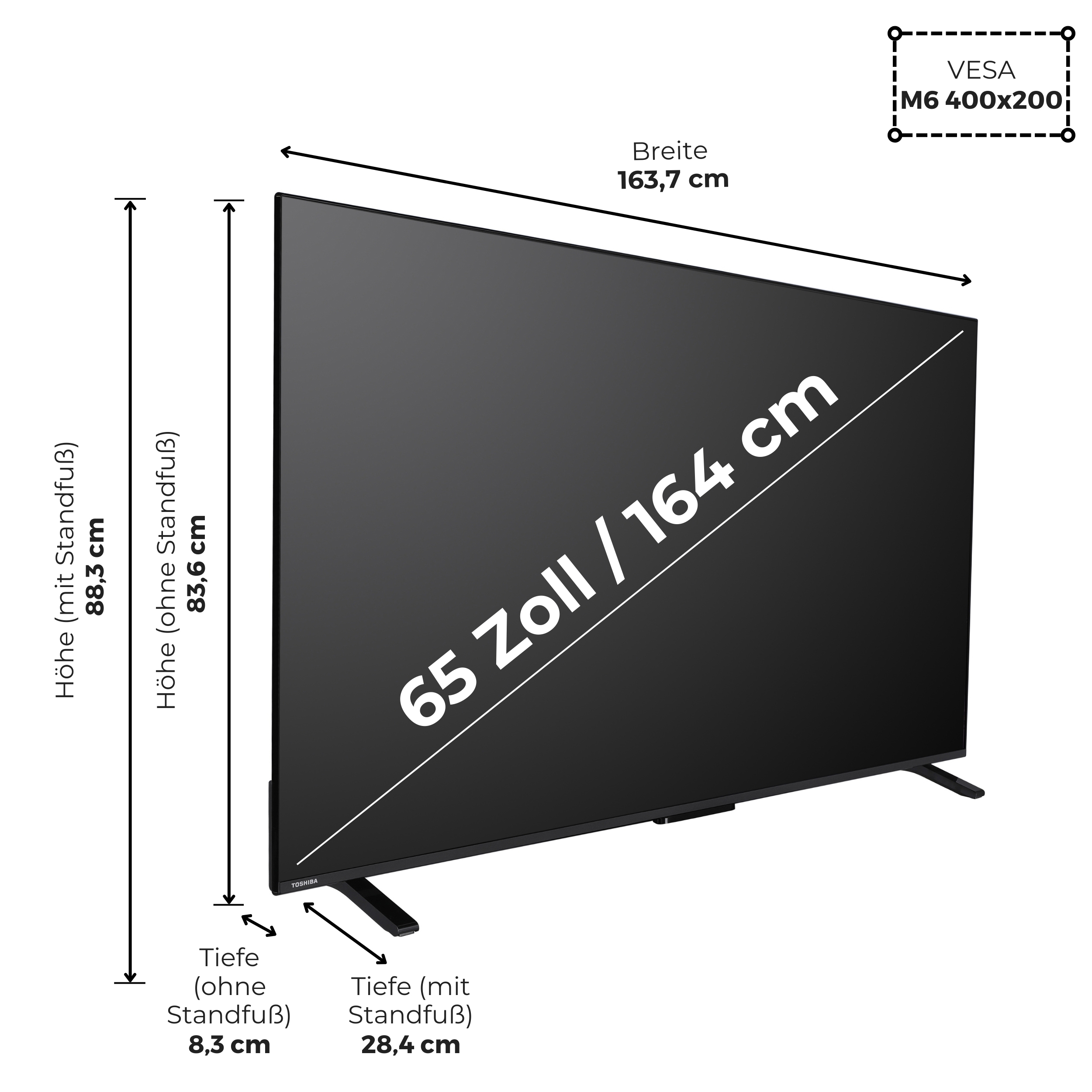 Uno schermo TV nero con dettagli sulle dimensioni: 65 Zoll/164 cm, sono indicate le misure di altezza, larghezza e profondità.