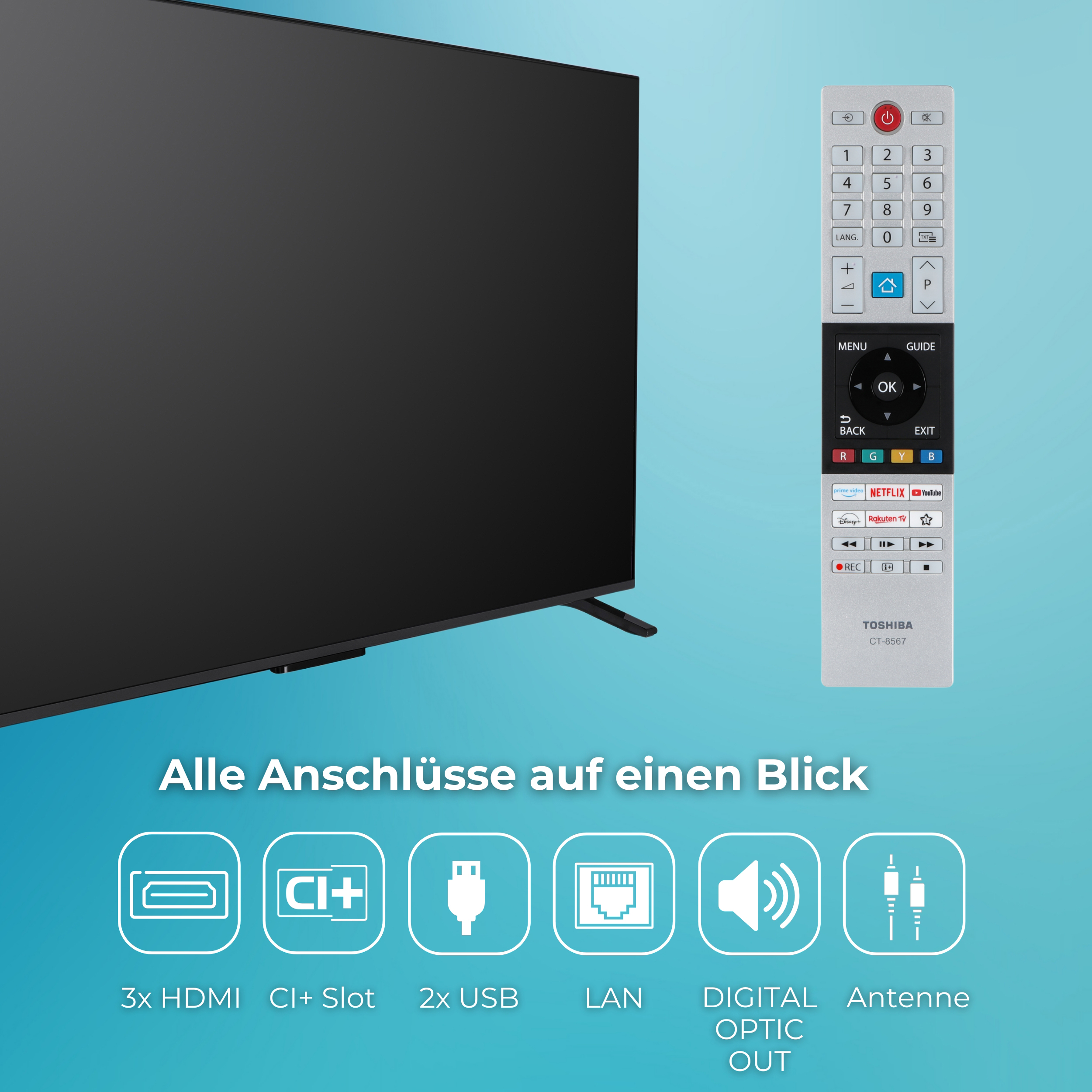 Un televisore e un telecomando su sfondo blu. Icone di connettività in basso. Testo in tedesco.