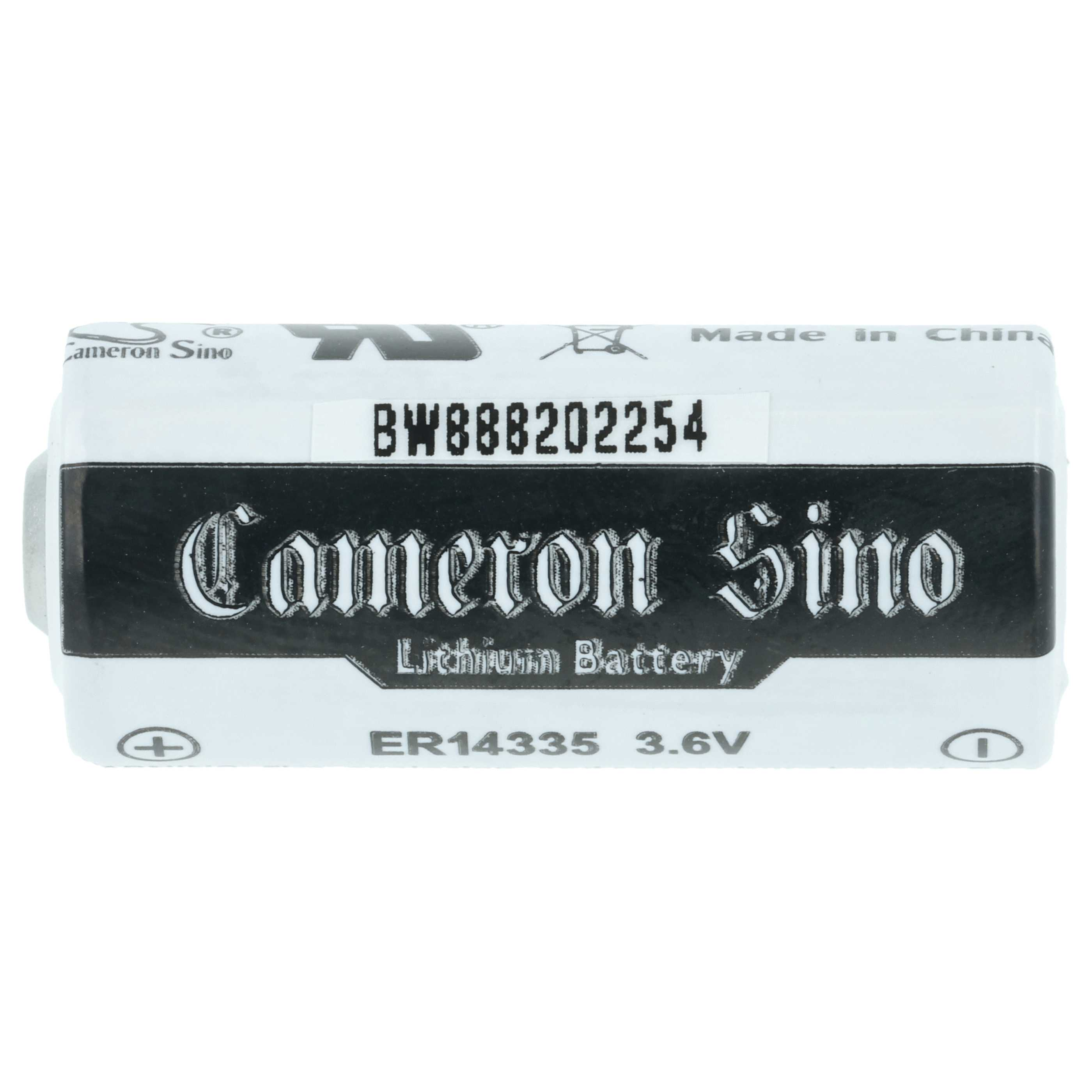 Eine weiße Batterie mit schwarzem Text. Es steht 'Cameron Sino Lithium Battery ER14335 3.6V'. Hergestellt in China.