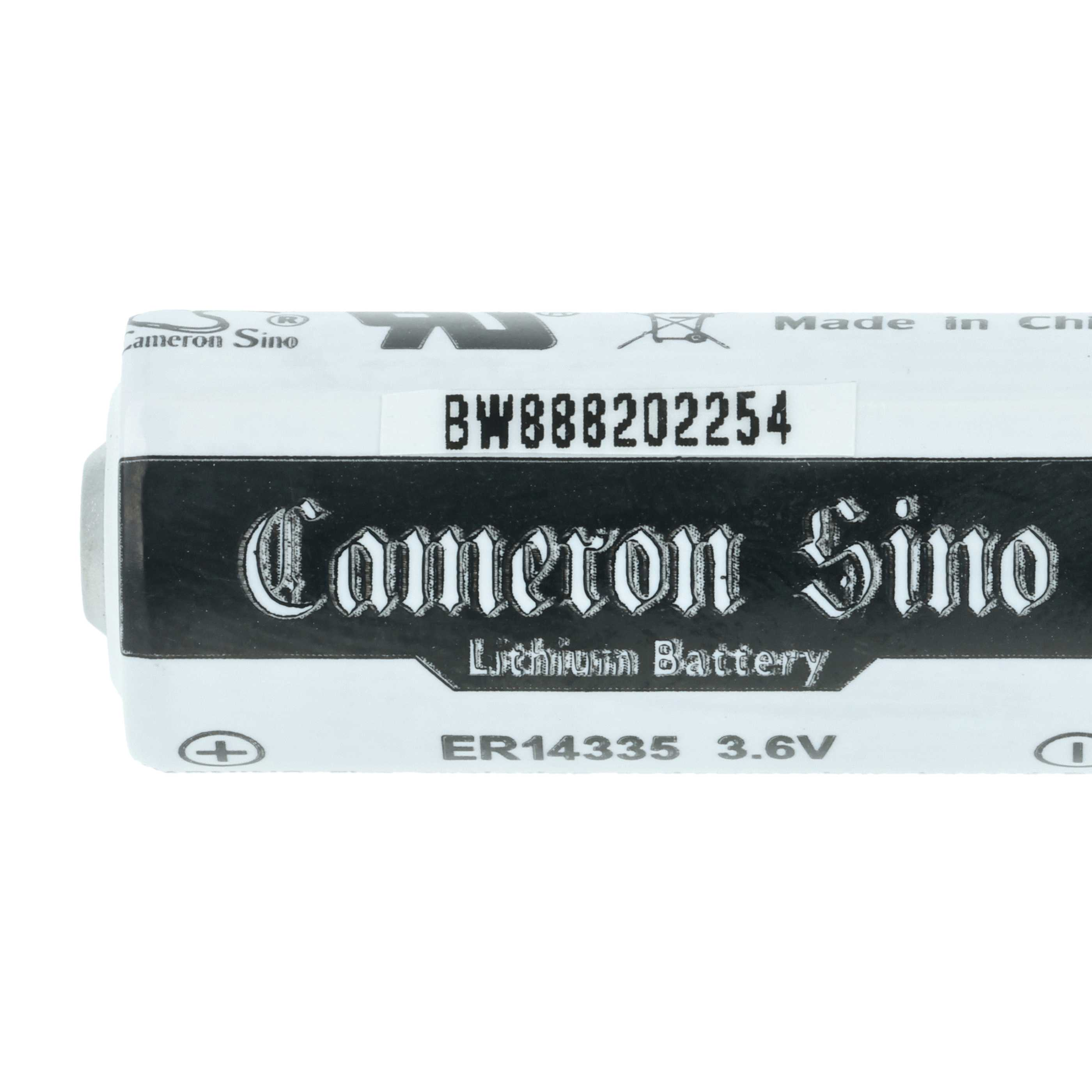 Nahaufnahme einer weißen Cameron Sino Lithiumbatterie mit schwarzem Text und Symbolen. Der Hintergrund ist weiß.
