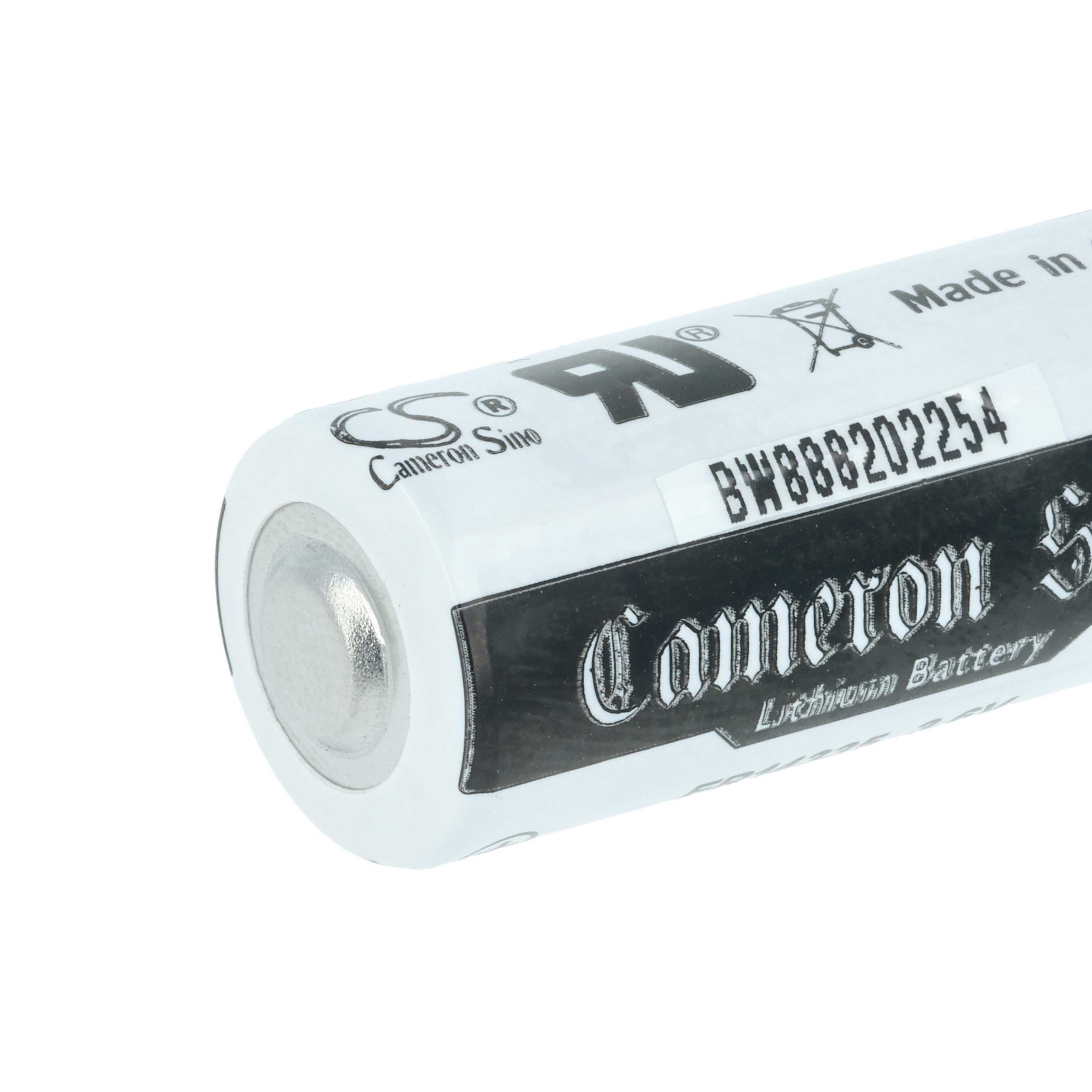 Nahaufnahme einer Batterie, weiß mit schwarzem Text, einschließlich der Marke "Cameron Sino" und einer Seriennummer.