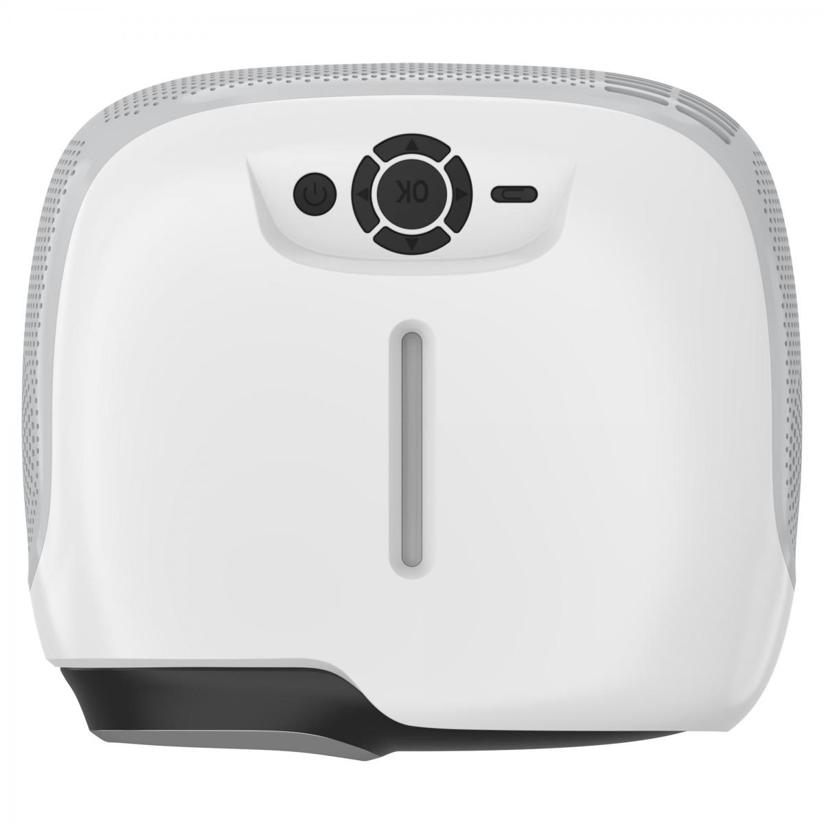 Ein weißer Projektor mit einer OK-Taste. Er hat einen Power-Button, eine Minus-Taste und einen grauen Balken.