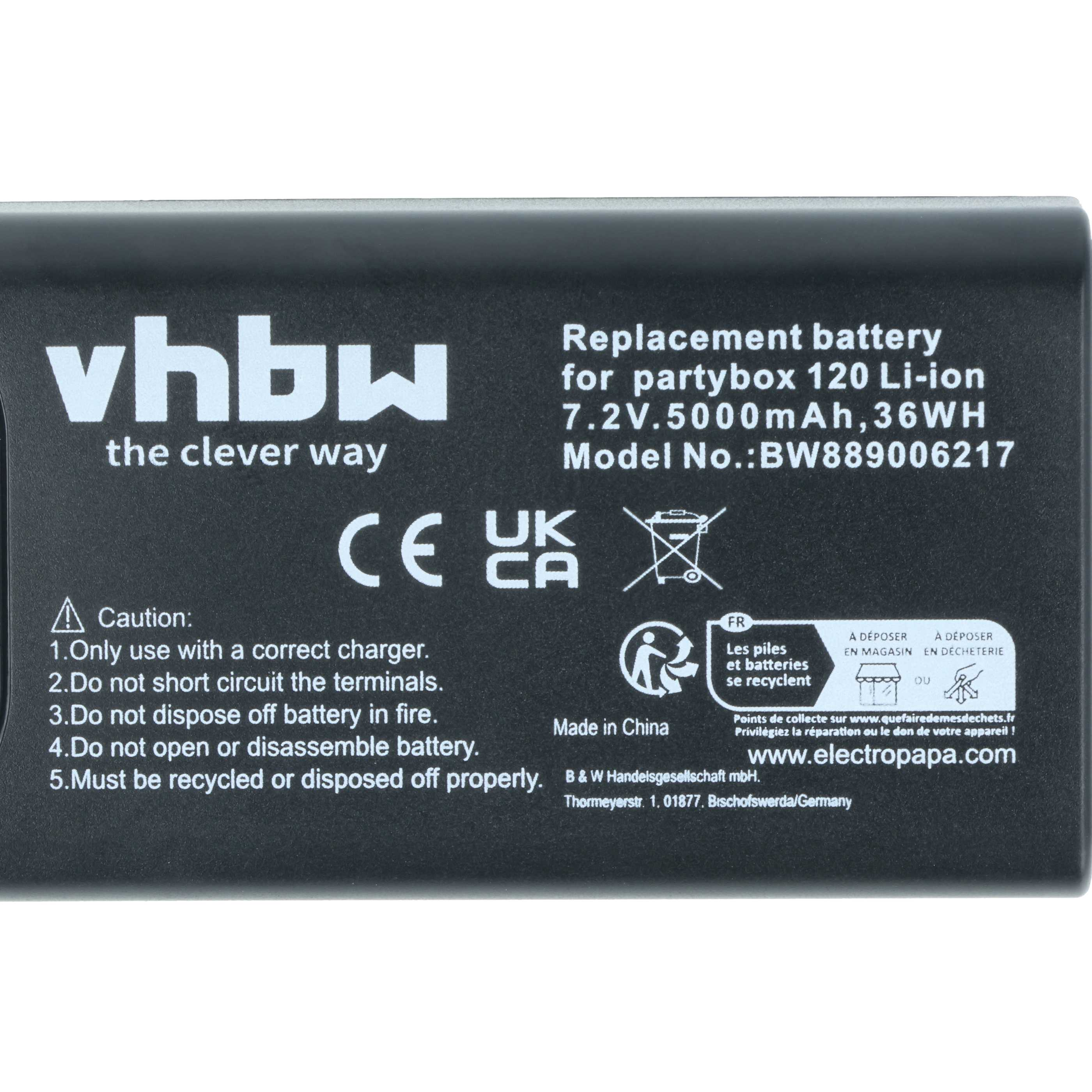 Schwarzer Akku mit weißem Text. Es steht 'vhbw' und 'Ersatzbatterie' mit Warnhinweisen und Recyclingsymbolen.
