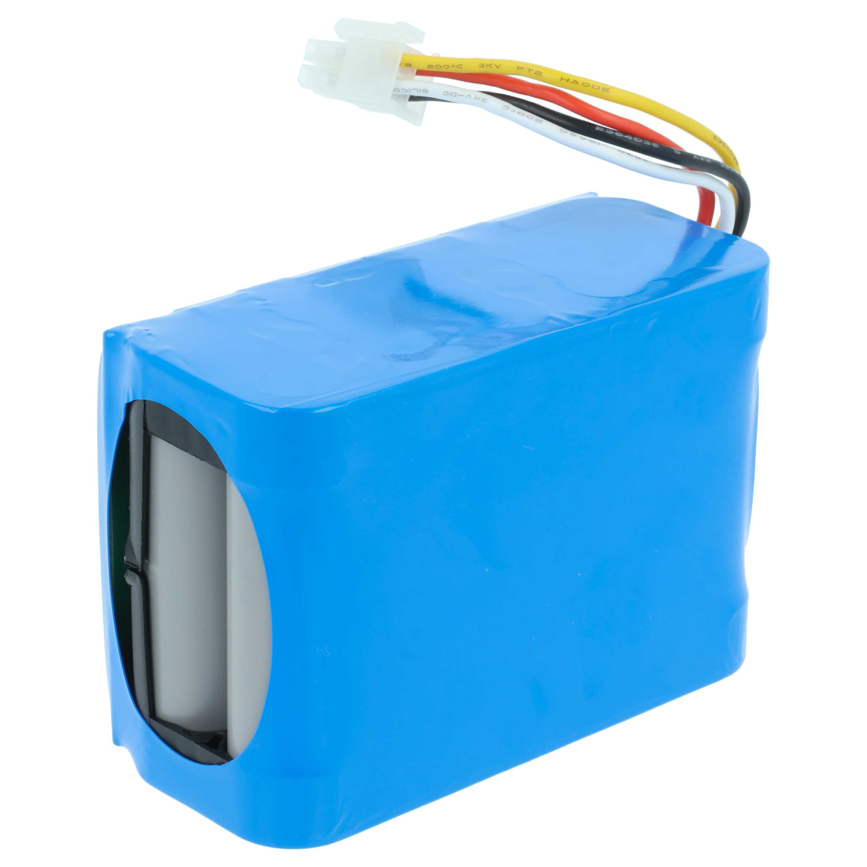 Blauer rechteckiger Akku mit Kabeln und einem weißen Stecker. Die Kabel sind gelb, rot, schwarz und weiß.