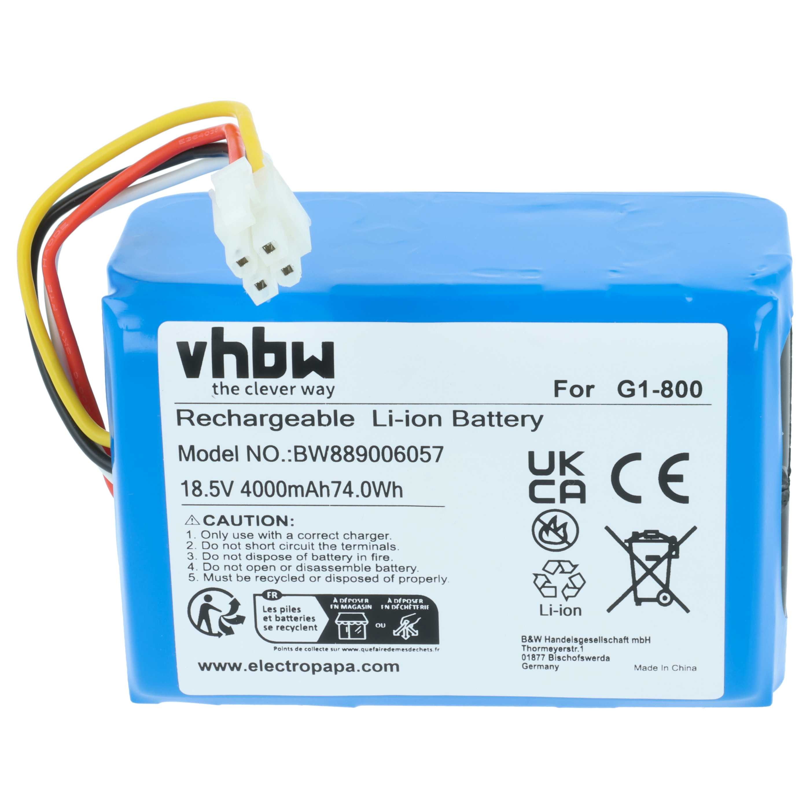 Ein blauer, wiederaufladbarer Li-Ionen-Akku mit weißem Stecker und gelben, roten und schwarzen Drähten.