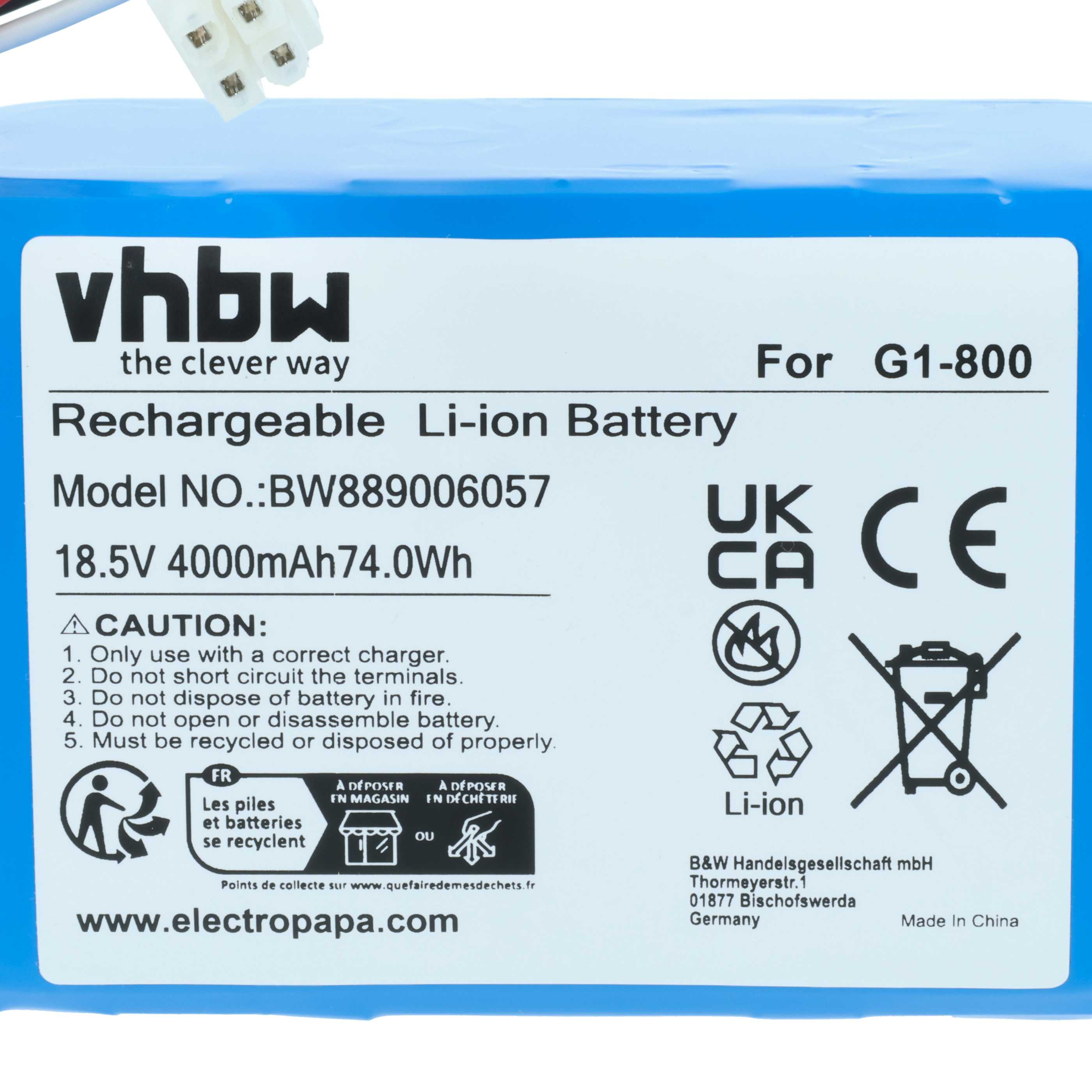 Blaue und weiße wiederaufladbare Li-Ionen-Batterie mit Text und Symbolen. Enthält Warnhinweise und Recycling-Anweisungen.