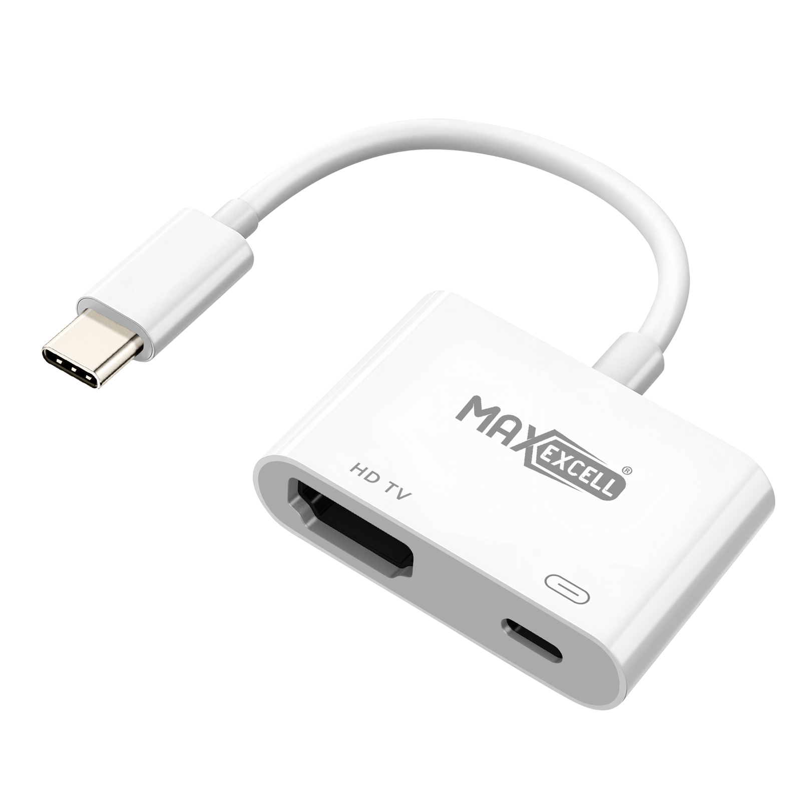 Adattatore bianco con porte USB-C e HDMI, collegato tramite cavo bianco. Logo MAX EXCELL visibile.