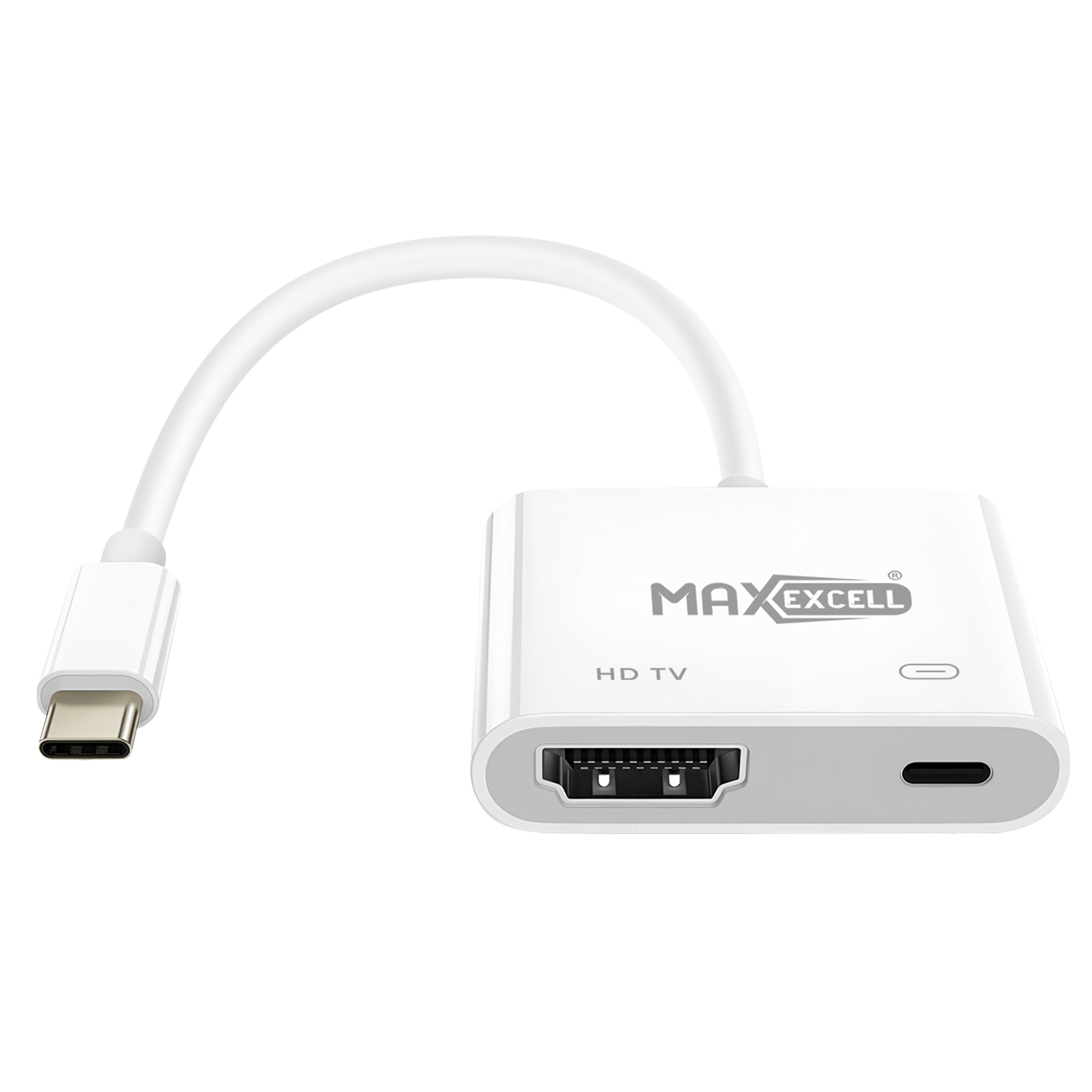 Adattatore HDMI bianco con connettore USB-C. Il dispositivo ha il marchio MAX EXCELL e la scritta HD TV.