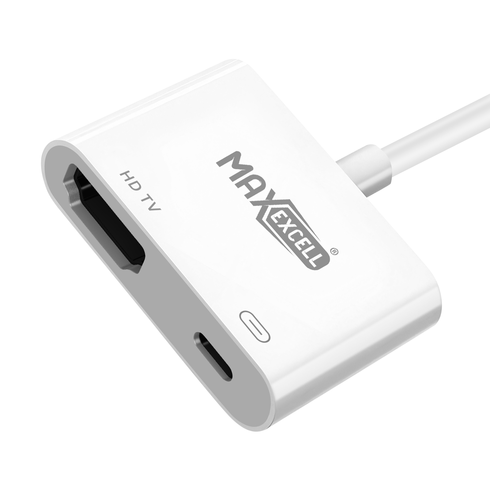 Un adattatore bianco MAXEXCELL HD TV con cavo. Ha porte HDMI e USB-C.