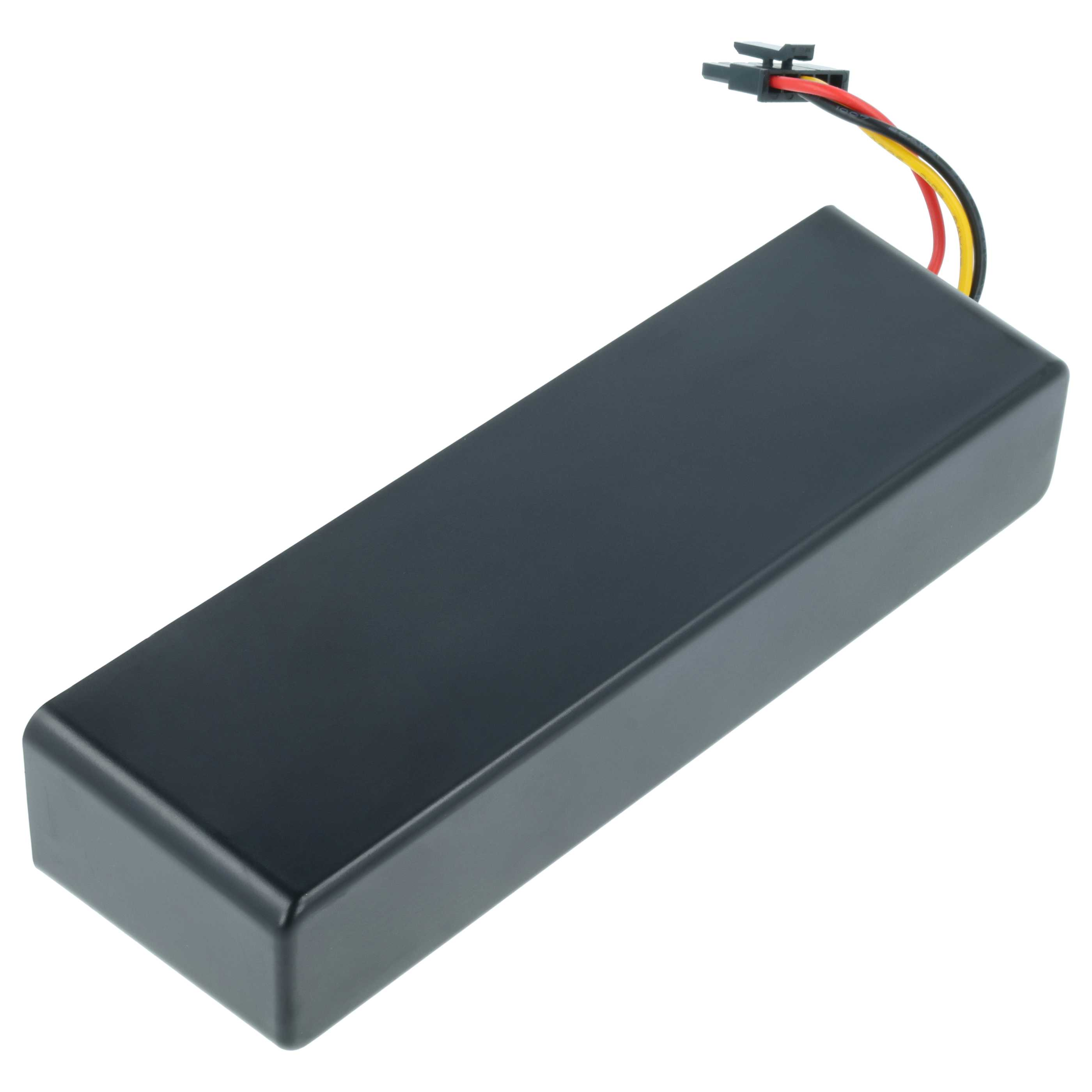 Ein rechteckiges schwarzes Gerät mit Stecker und roten, gelben und schwarzen Drähten auf weißem Hintergrund.
