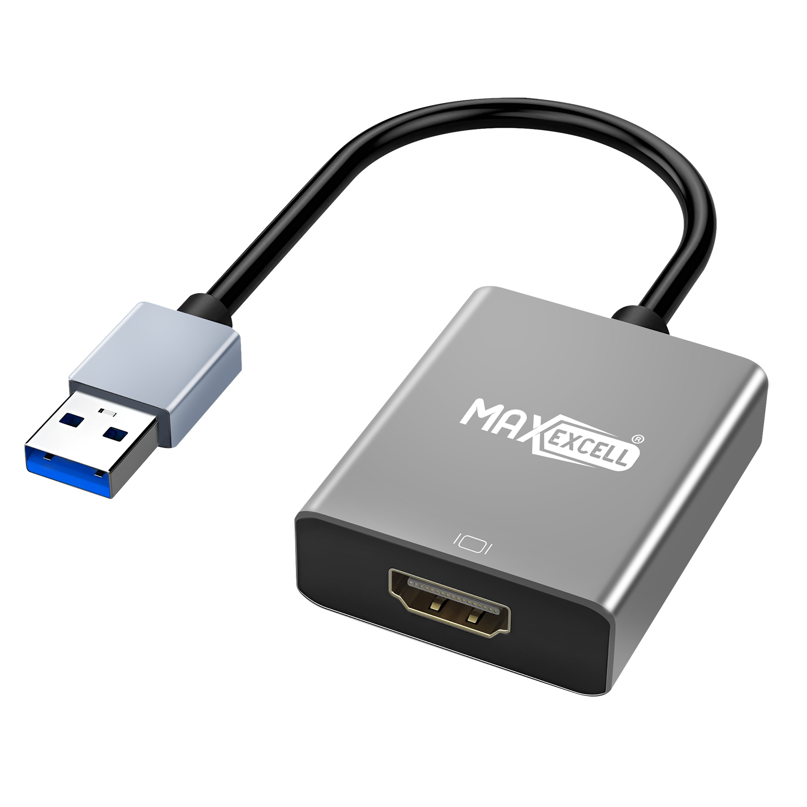 Un adattatore HDMI argento e nero con connettore USB. Il cavo è nero e l'adattatore ha il logo MAXEXCELL.