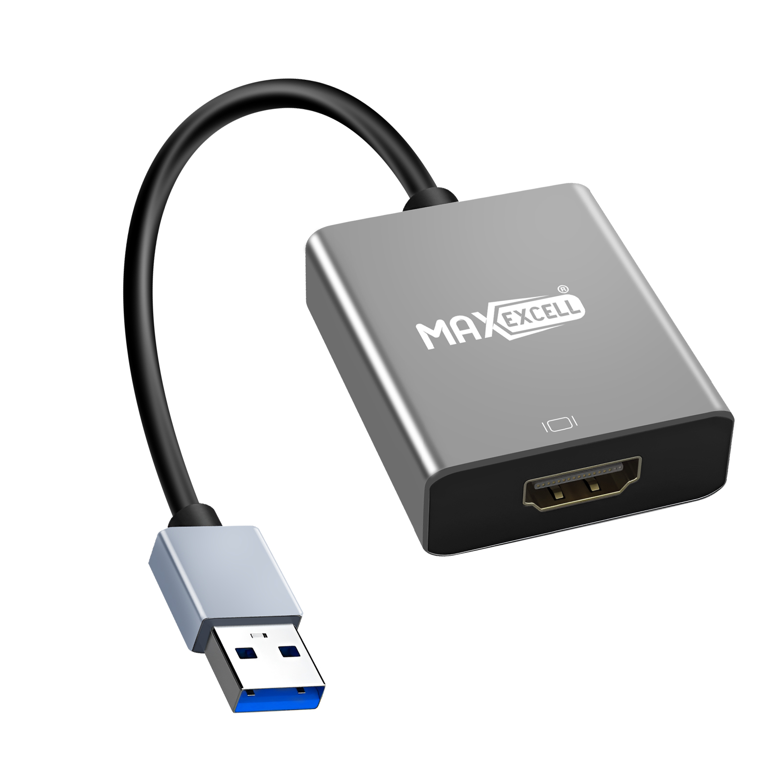 Adattatore argento con cavo nero e connettore USB. L'adattatore ha una porta HDMI e il logo MaxExcell.