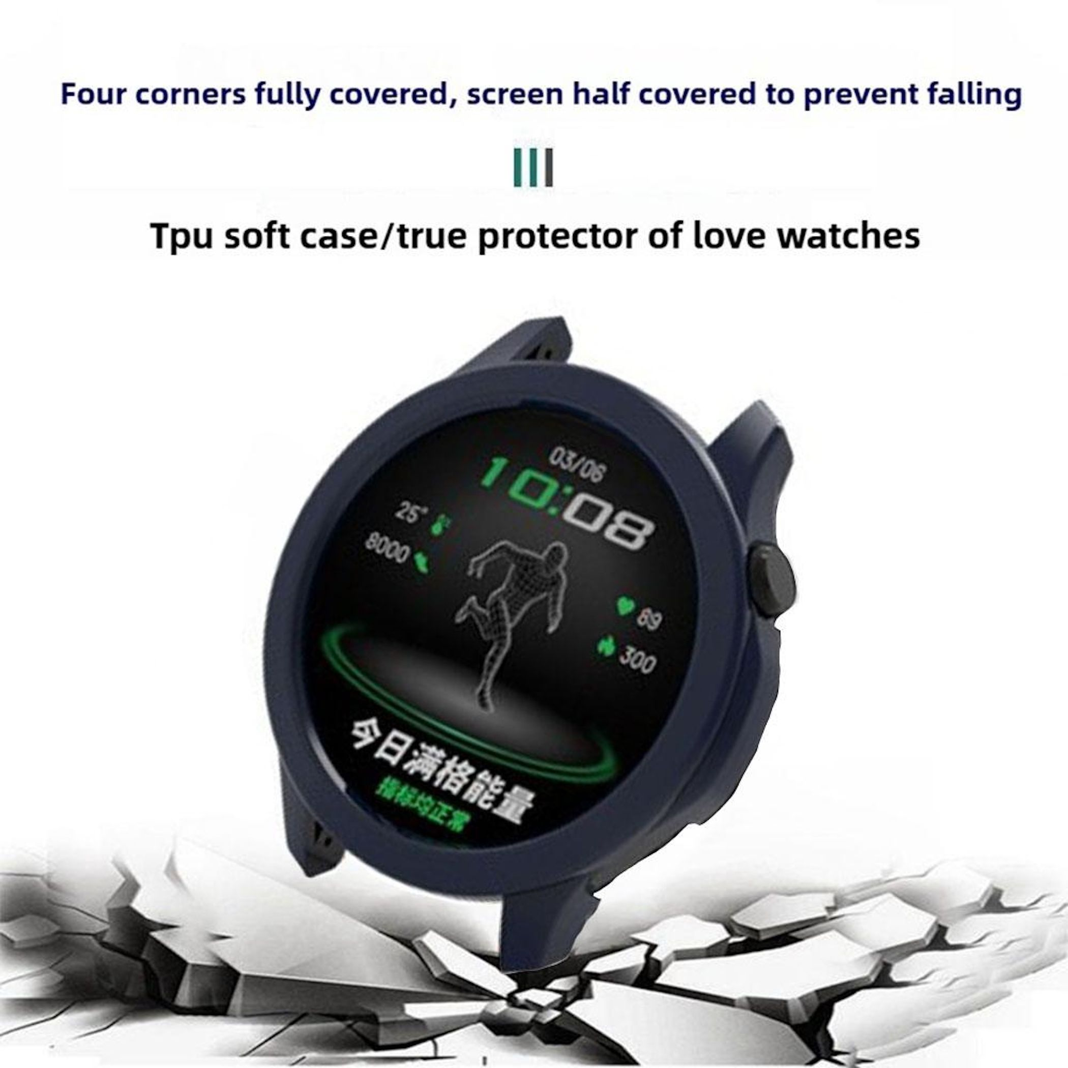 Schermo di smartwatch che mostra ora e dati fitness, circondato da una custodia protettiva blu scuro, su una superficie incrinata.