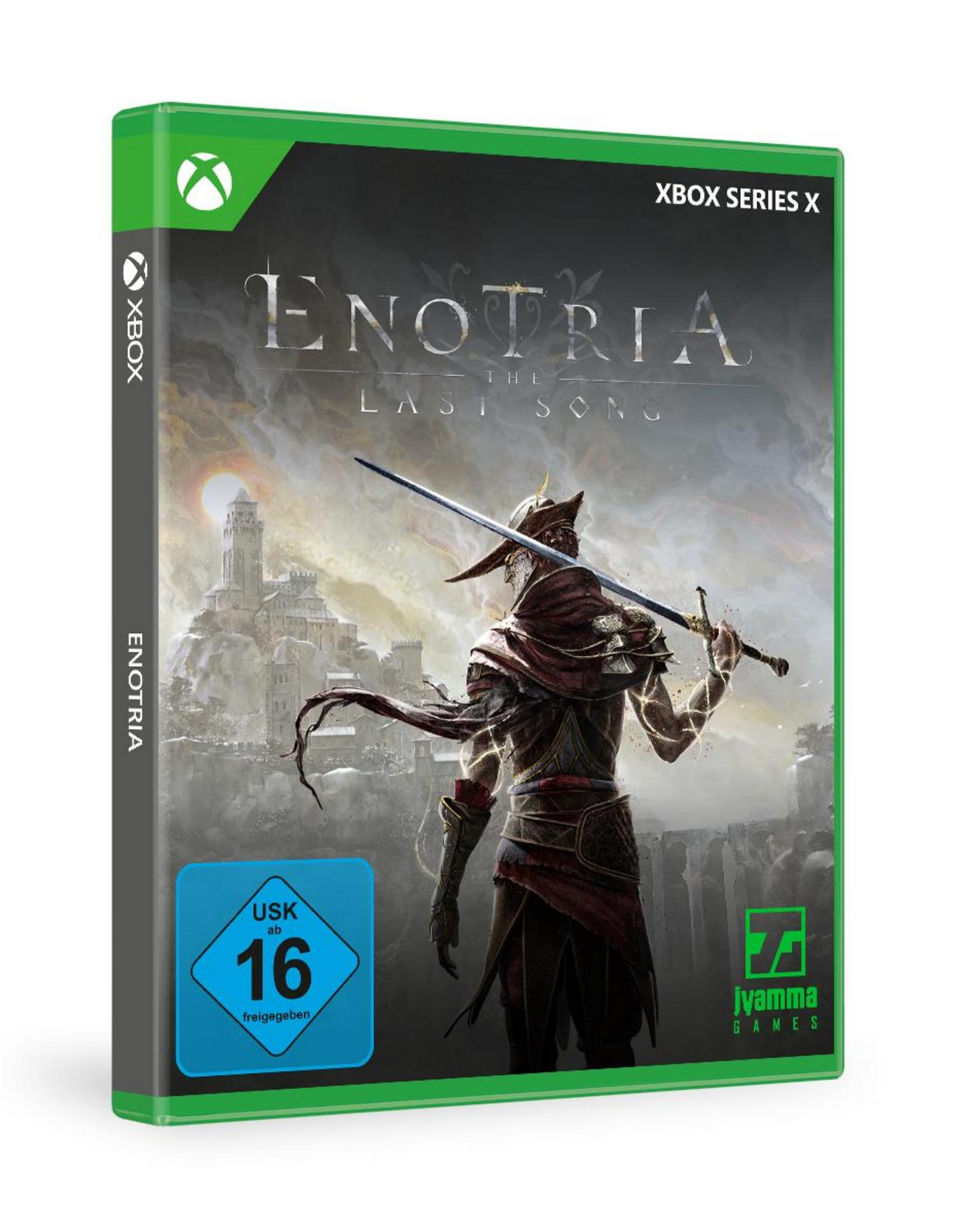 Spiel-Box-Art für 'Enotria: The Last Song' auf Xbox Series X. Zeigt einen Krieger mit Schwert und Burg im Hintergrund.