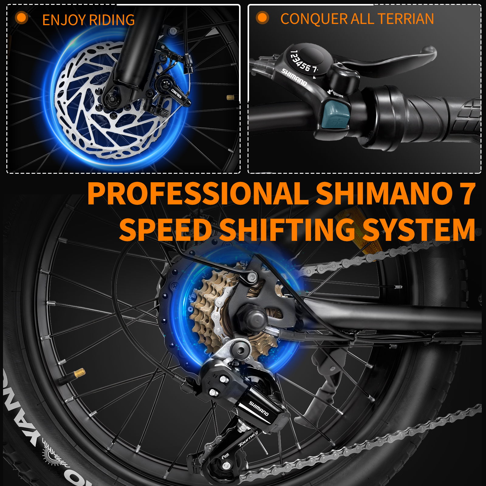 Obraz przedstawia części roweru: hamulec tarczowy, przerzutka Shimano 7-biegowa i układ napędowy. Tekst: 'Professional Shimano 7 Speed Shifting System'.