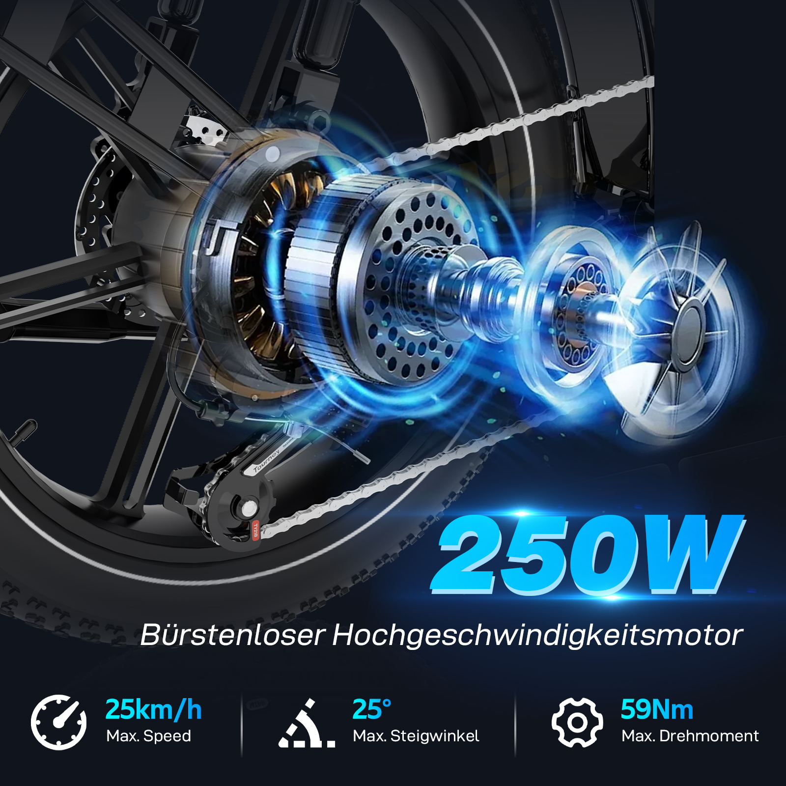 E-Bike-Motorbaugruppe mit Kette und Rad. Informationen umfassen 250W, 25km/h Geschwindigkeit, 25° max. Steigung und 59Nm Drehmoment.