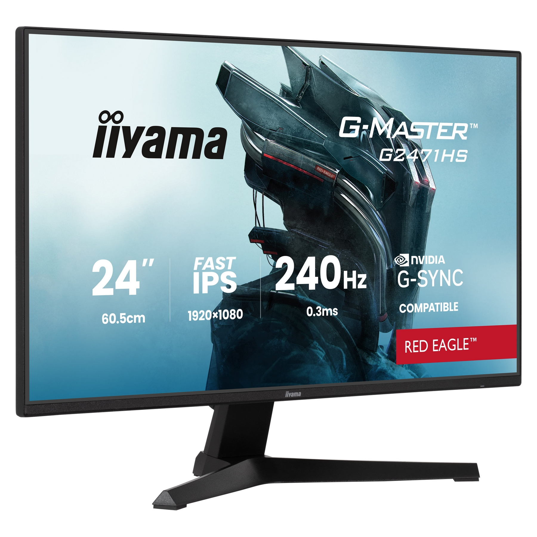 Monitor Iiyama G-Master G2471HS. Cechy: 24", 240Hz, Fast IPS i Nvidia G-Sync. Ma czarną podstawę.