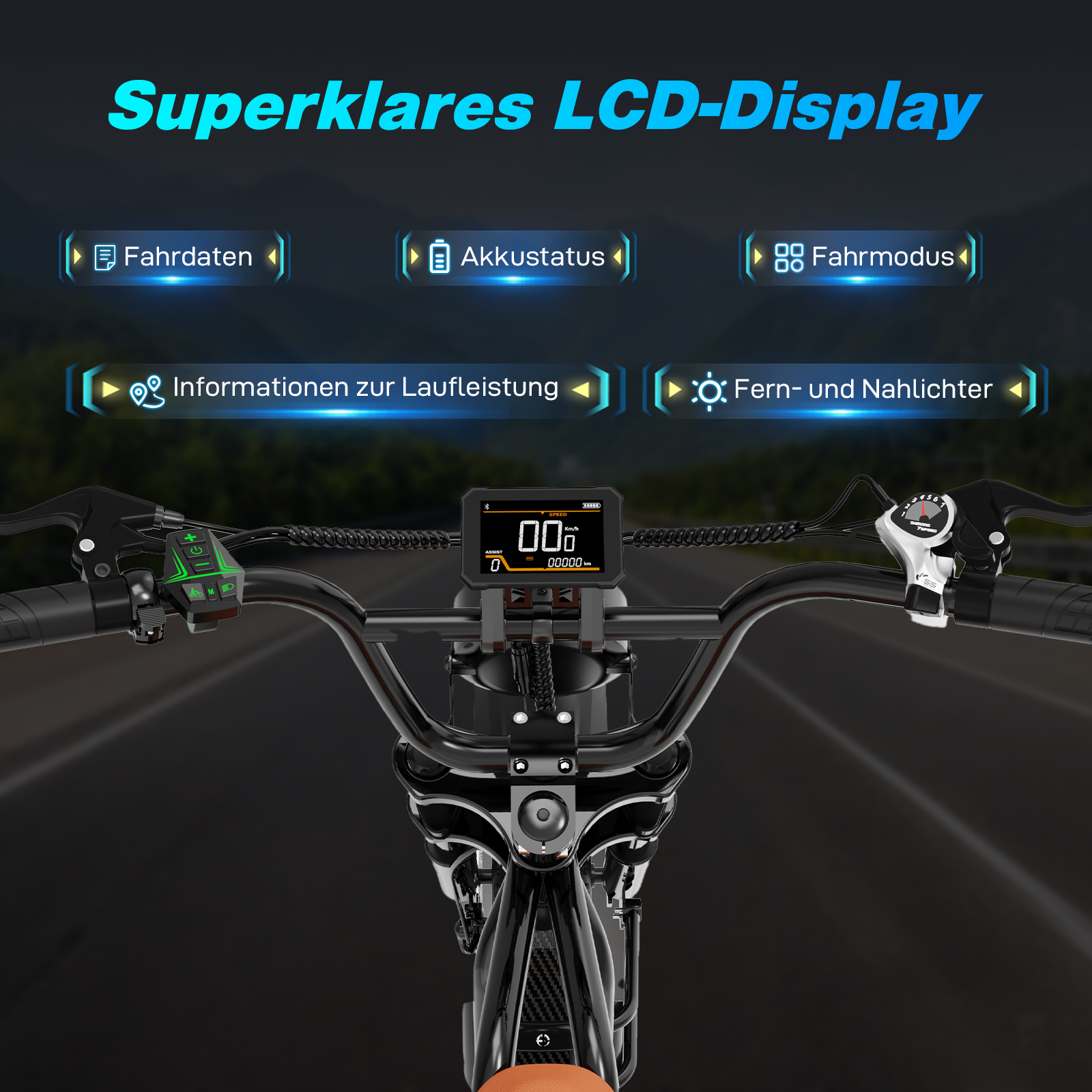 Fahrradlenker mit LCD-Display. Das Display zeigt Geschwindigkeit und andere Daten. Knöpfe und Hebel sind sichtbar.