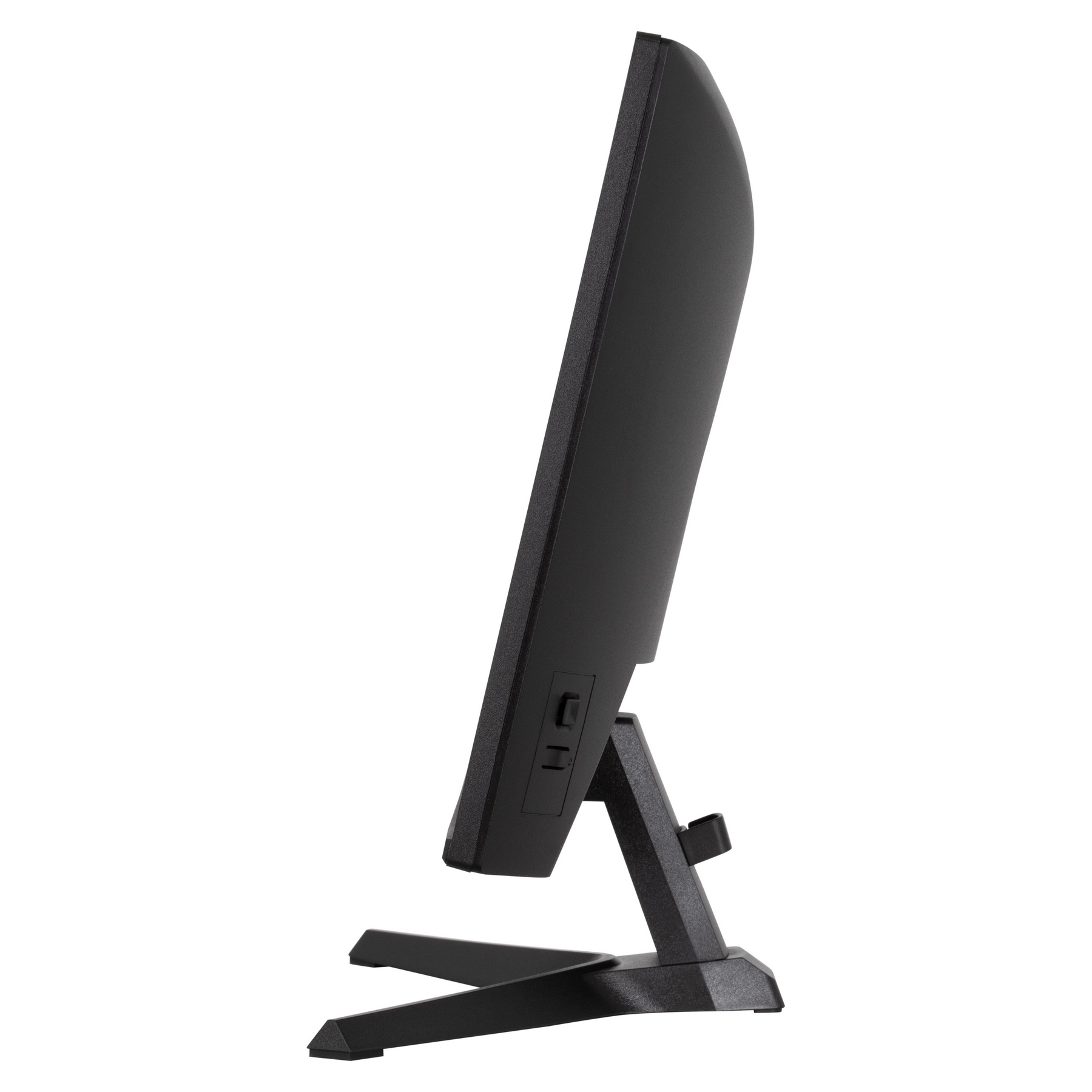 Widok z boku czarnego monitora. Jest pochylony w prawo, widoczna podstawa i sekcja portów.