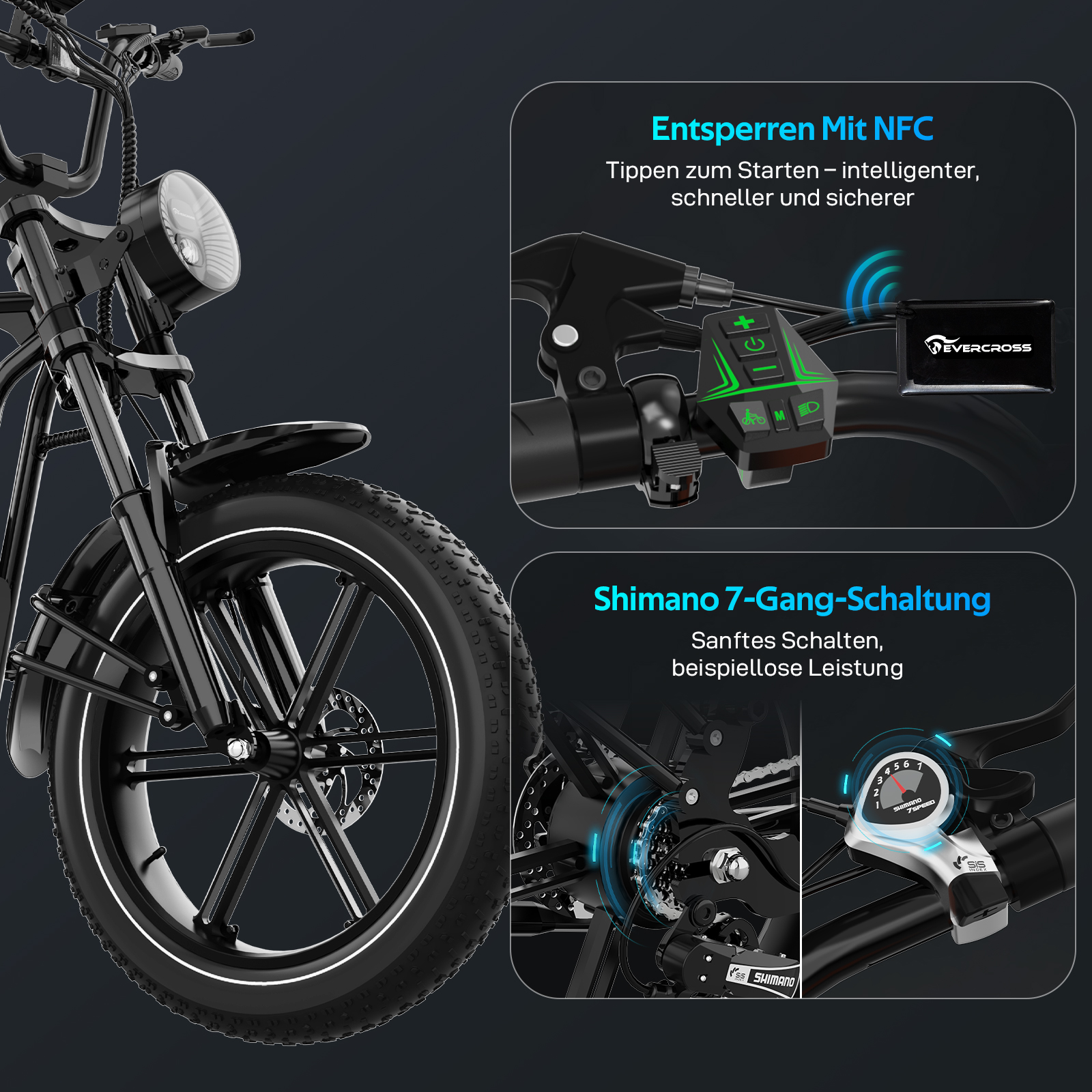 Schwarzes Elektrofahrrad Details: Rad, Scheinwerfer, Bedienfeld, Shimano-Gang und NFC-Entsperrfunktion.