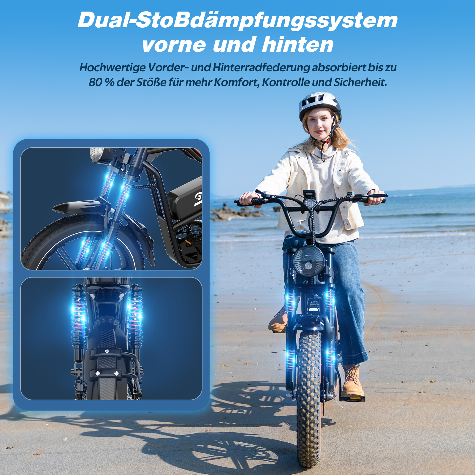 Eine Frau fährt mit einem Elektrofahrrad am Strand. Details der Federung des Fahrrads werden gezeigt.