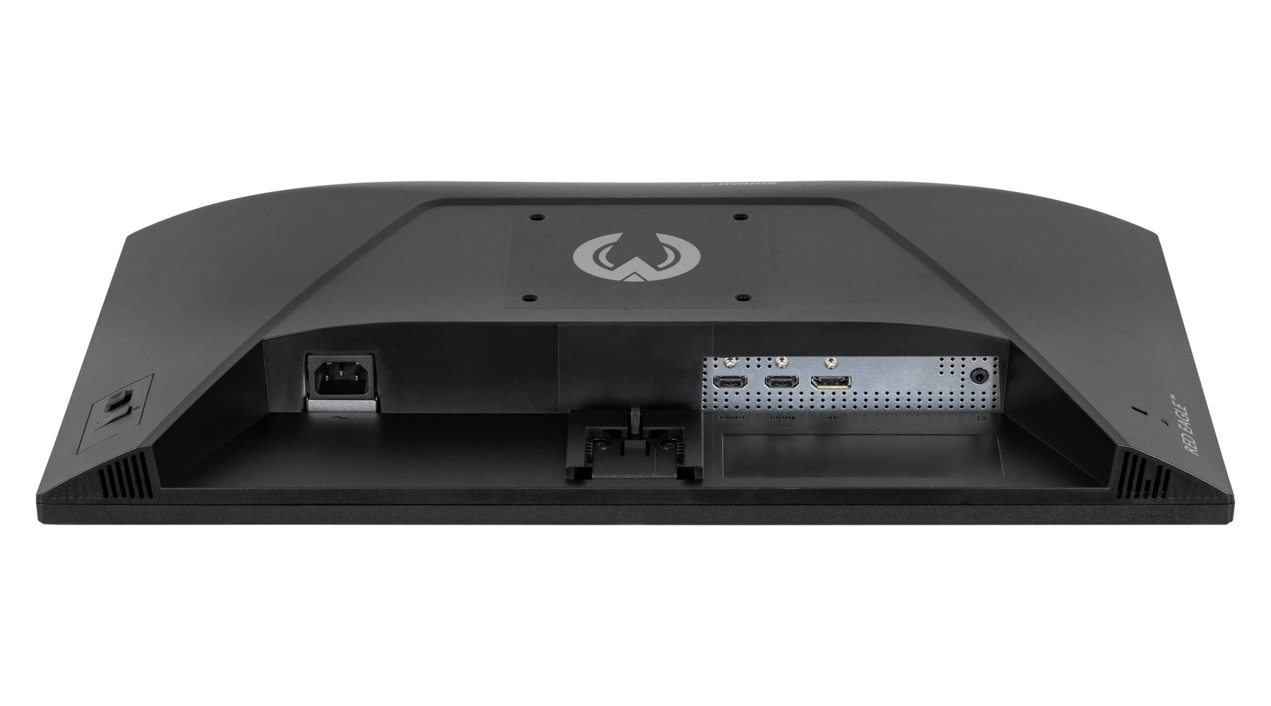 Widok z tyłu czarnego monitora komputerowego. Posiada port zasilania, porty połączeniowe i uchwyt. Widoczne jest logo.