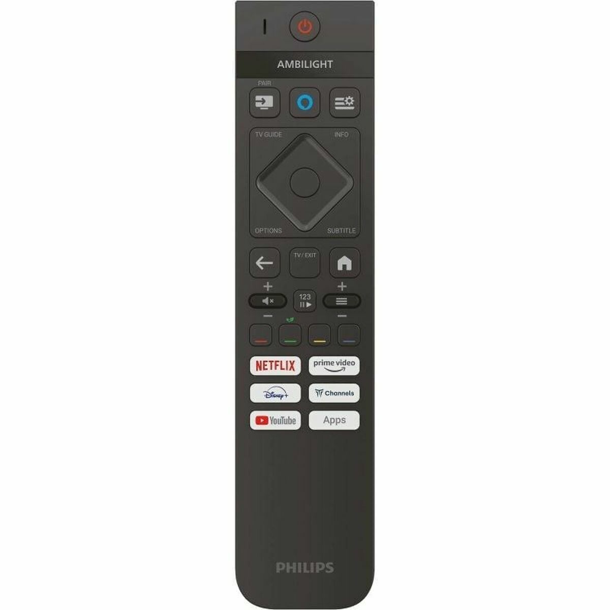 Un telecomando TV Philips nero con diversi pulsanti per funzioni come Netflix, YouTube e controllo del volume.