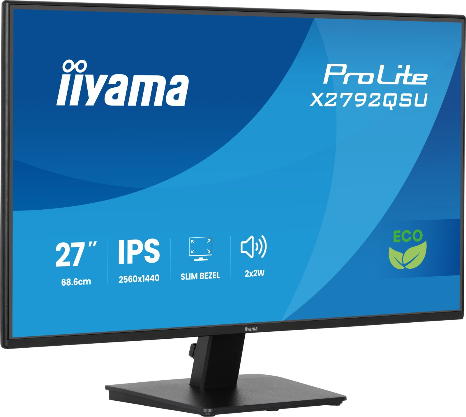 Monitor komputerowy. Ma czarną ramkę, niebieskie tło z białym tekstem. Jest napisane iiyama, ProLite, 27" IPS i inne specyfikacje.