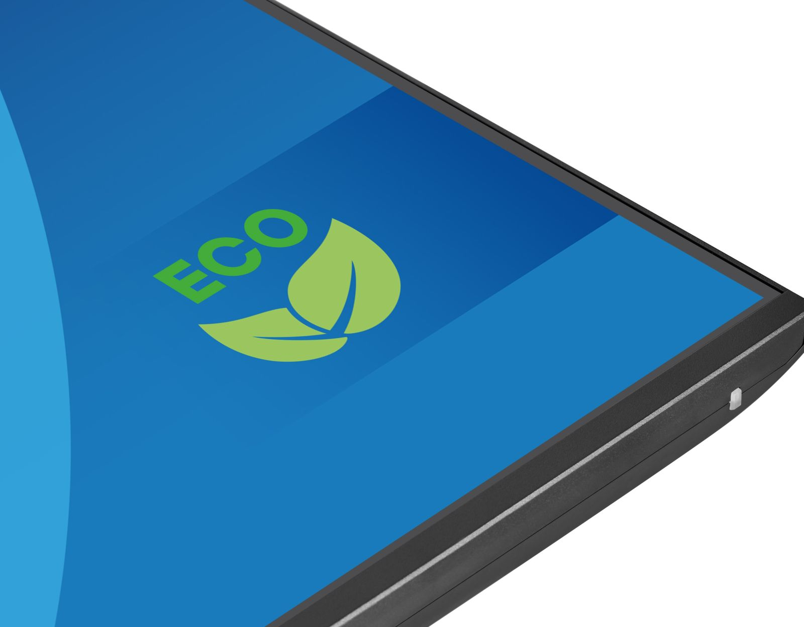 Ekran wyświetlający logo ECO z liściem. Ekran jest niebieski i obramowany czarną obwódką. Białe tło.