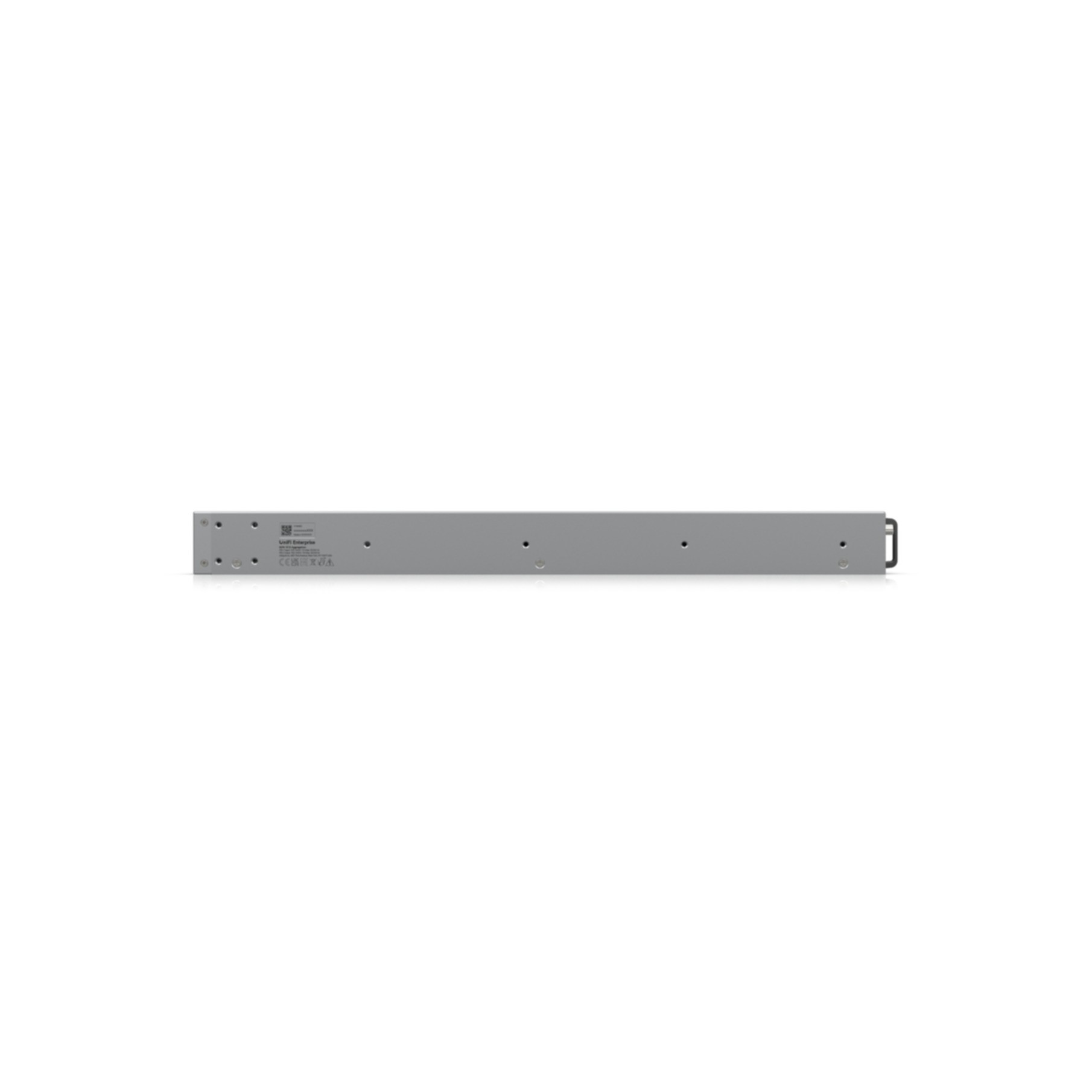Un dispositivo di rete grigio, montabile su rack, con diverse porte e una maniglia nera. Lo sfondo è bianco.
