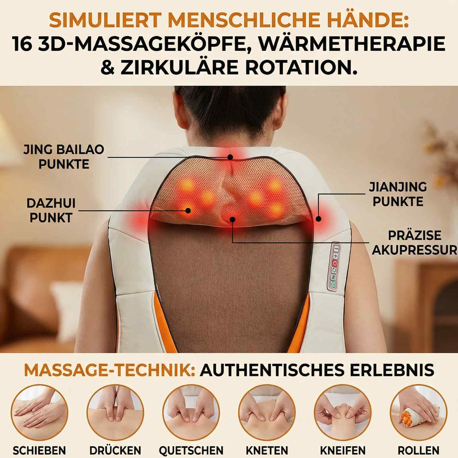 Das Bild zeigt ein Nackenmassagegerät an einer Person. Text hebt Massagepunkte und Techniken wie Kneten hervor.